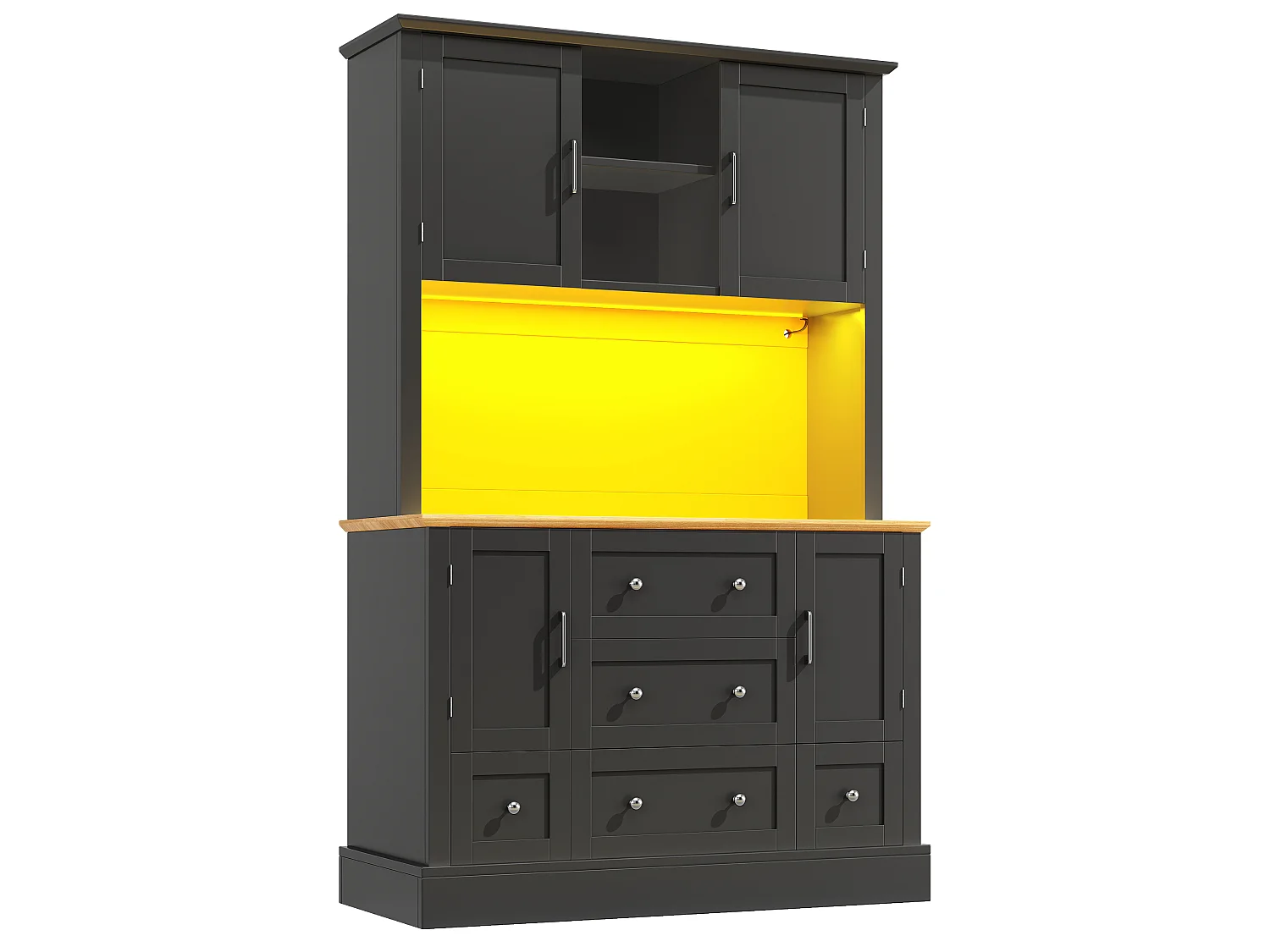 Aparador de cozinha preto e natural com 4 portas, 5 gavetas e luzes LED, MDF