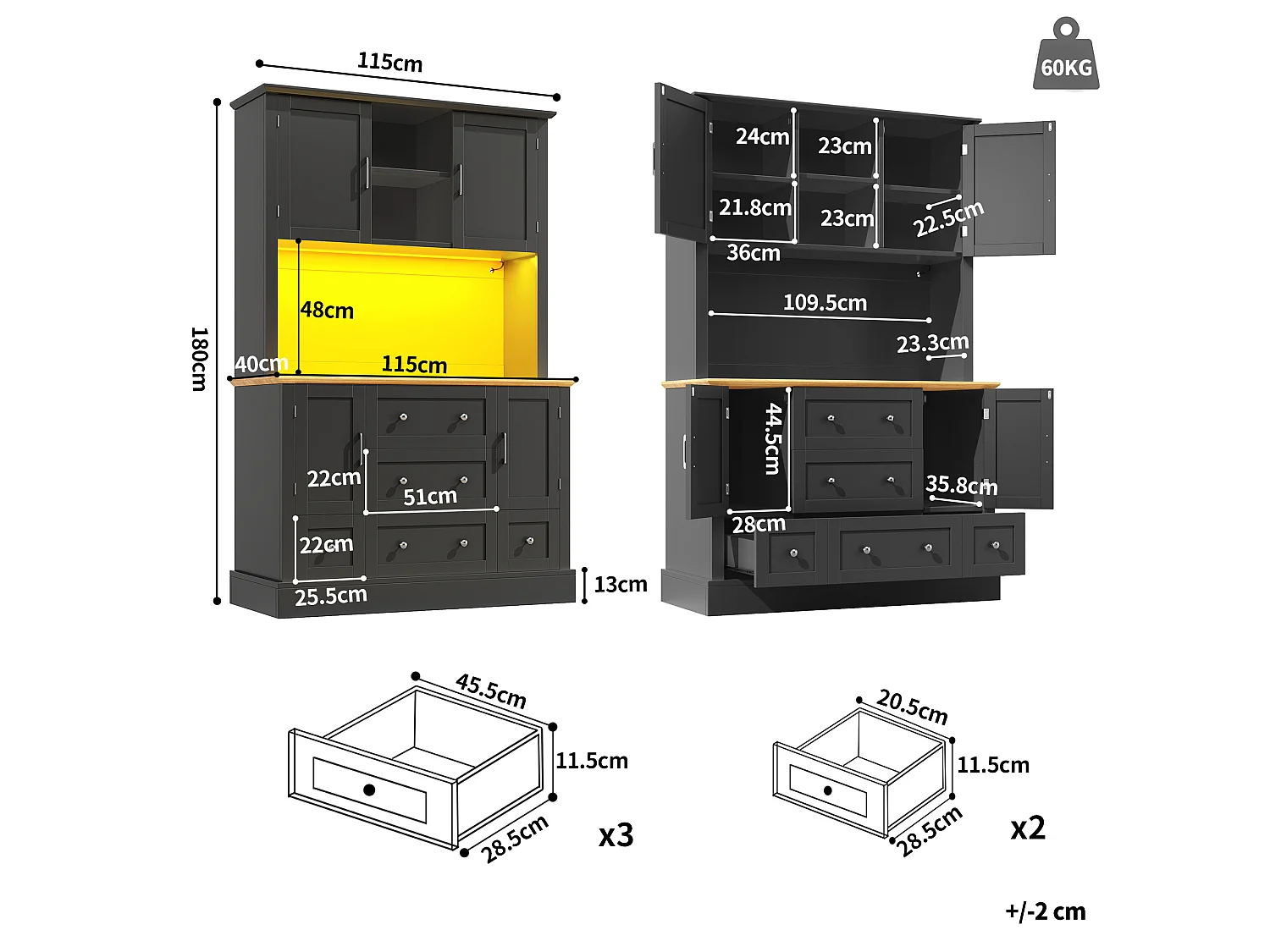 Aparador de cozinha preto e natural com 4 portas, 5 gavetas e luzes LED, MDF