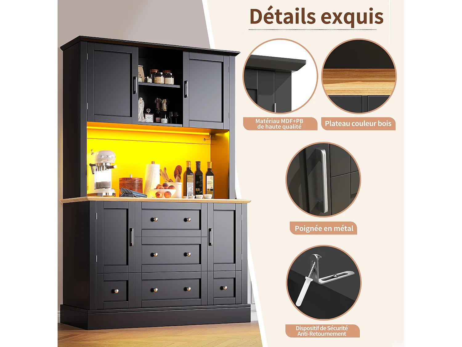 Aparador de cozinha preto e natural com 4 portas, 5 gavetas e luzes LED, MDF