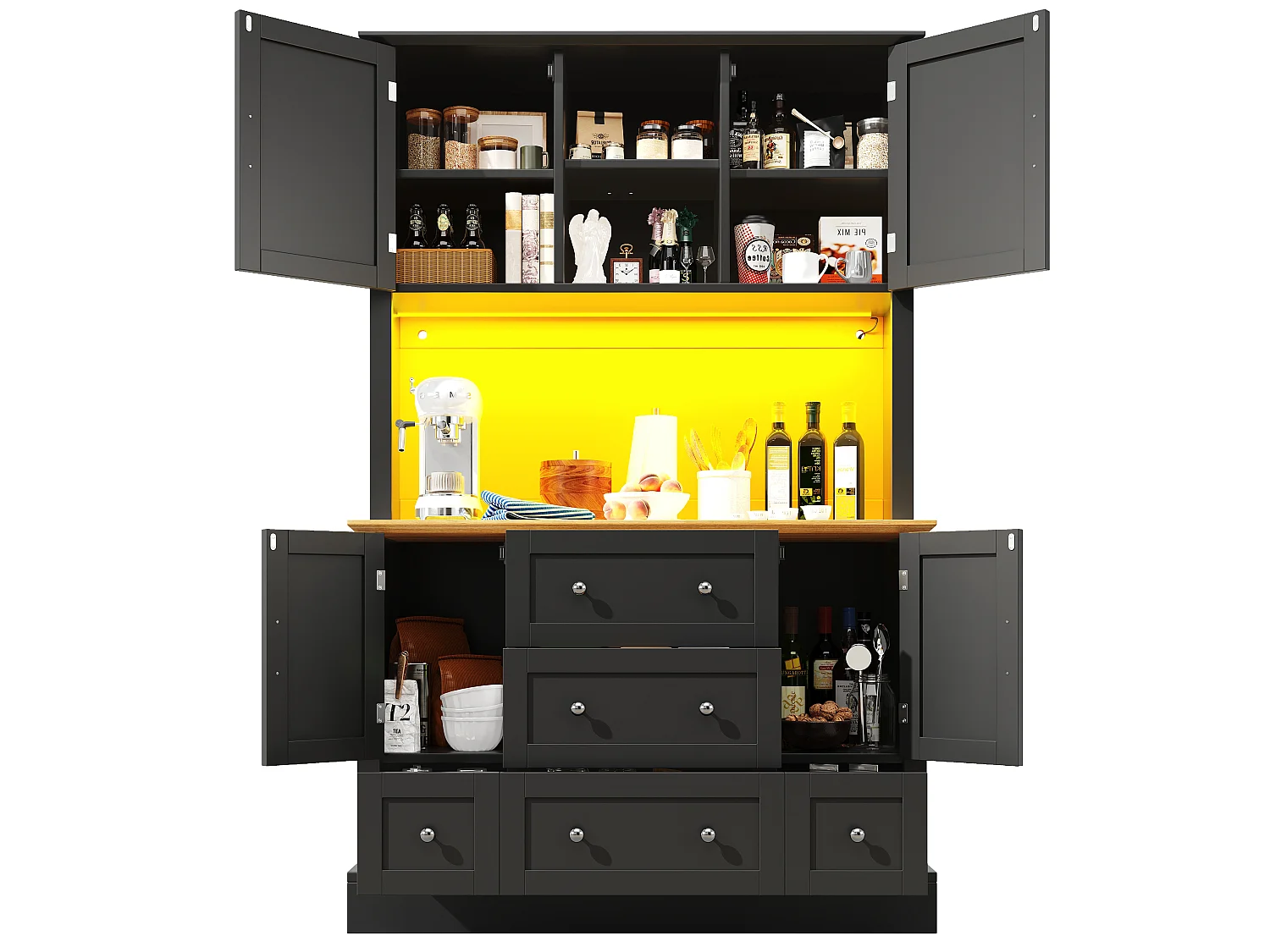 Aparador de cozinha preto e natural com 4 portas, 5 gavetas e luzes LED, MDF