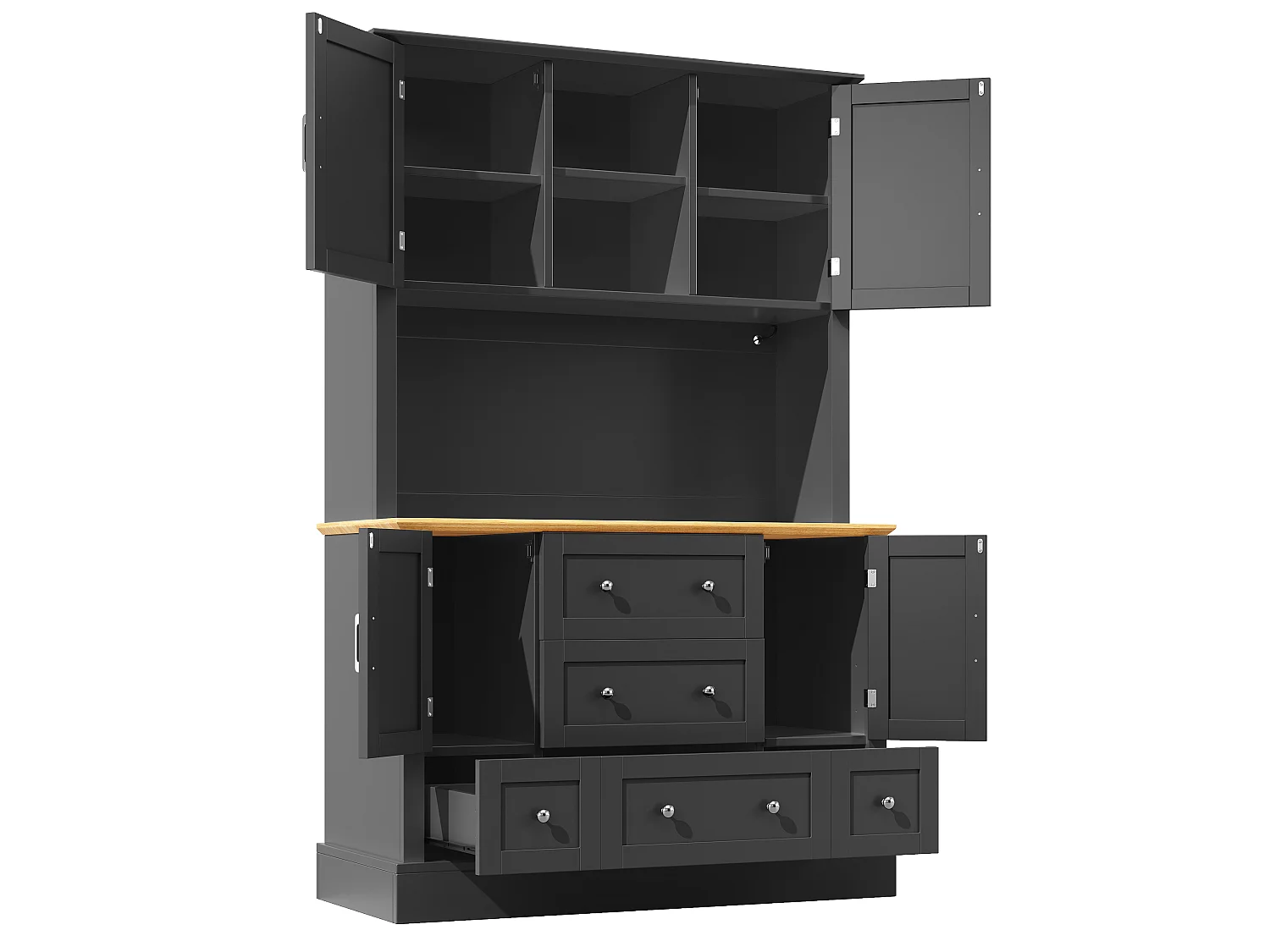 Aparador de cozinha preto e natural com 4 portas, 5 gavetas e luzes LED, MDF