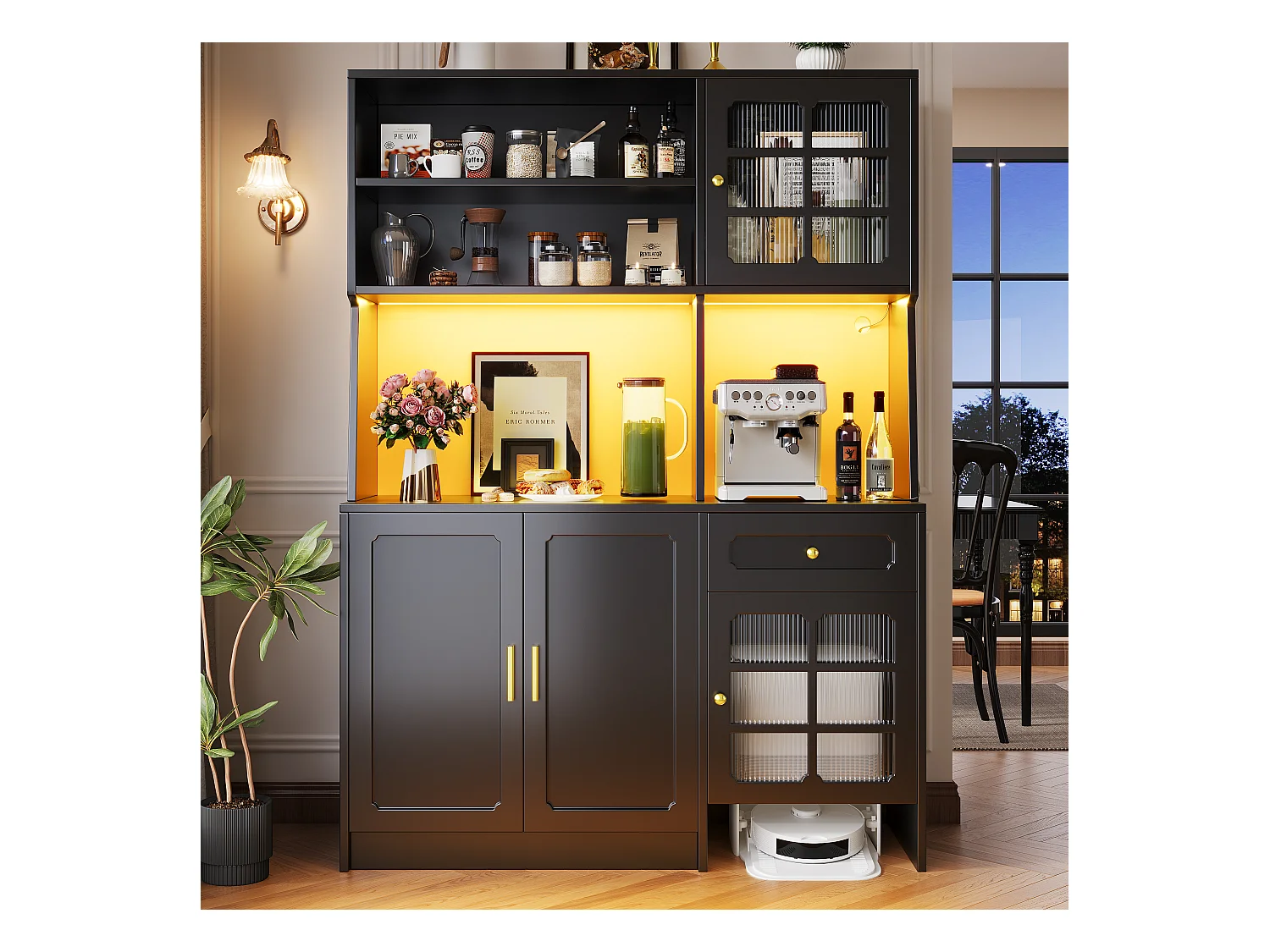 Credenza da cucina a 2 ante, 2 ante in vetro, illuminazione a LED e cassetto, maniglie dorate, MDF nero