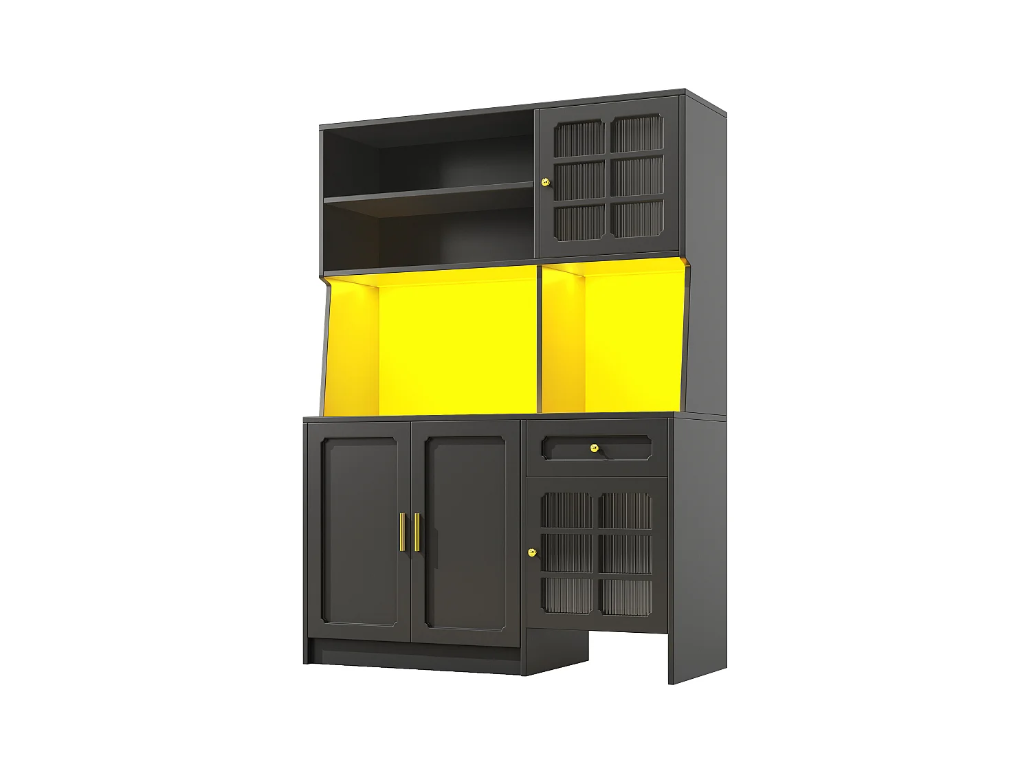 Credenza da cucina a 2 ante, 2 ante in vetro, illuminazione a LED e cassetto, maniglie dorate, MDF nero