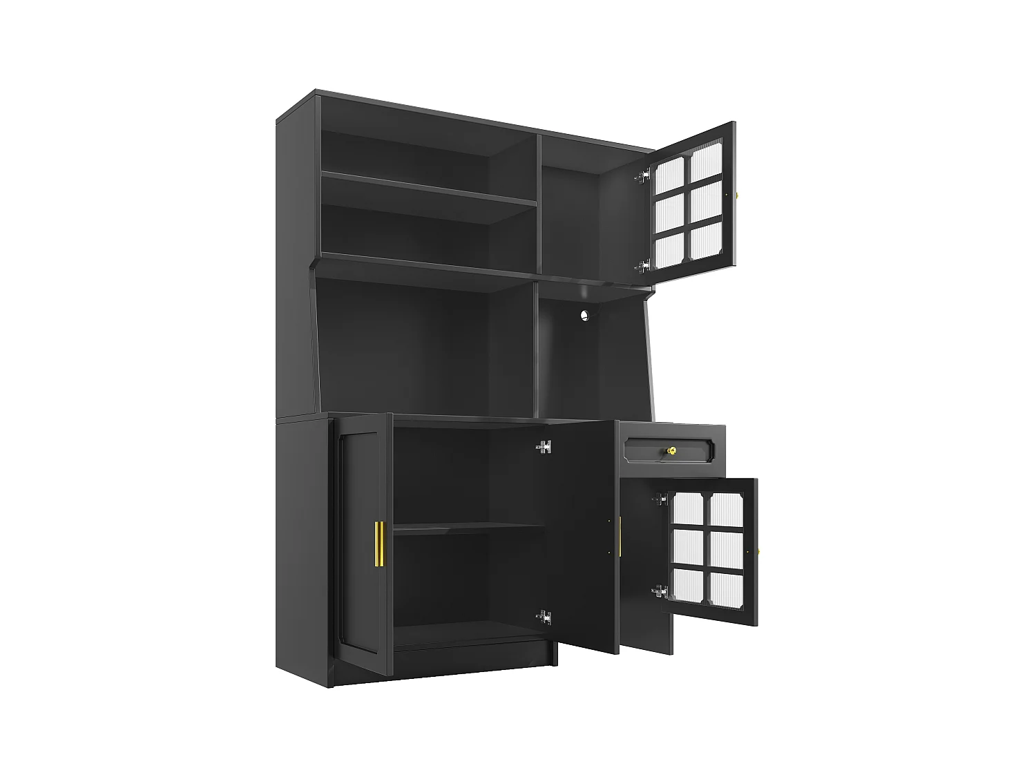 Credenza da cucina a 2 ante, 2 ante in vetro, illuminazione a LED e cassetto, maniglie dorate, MDF nero