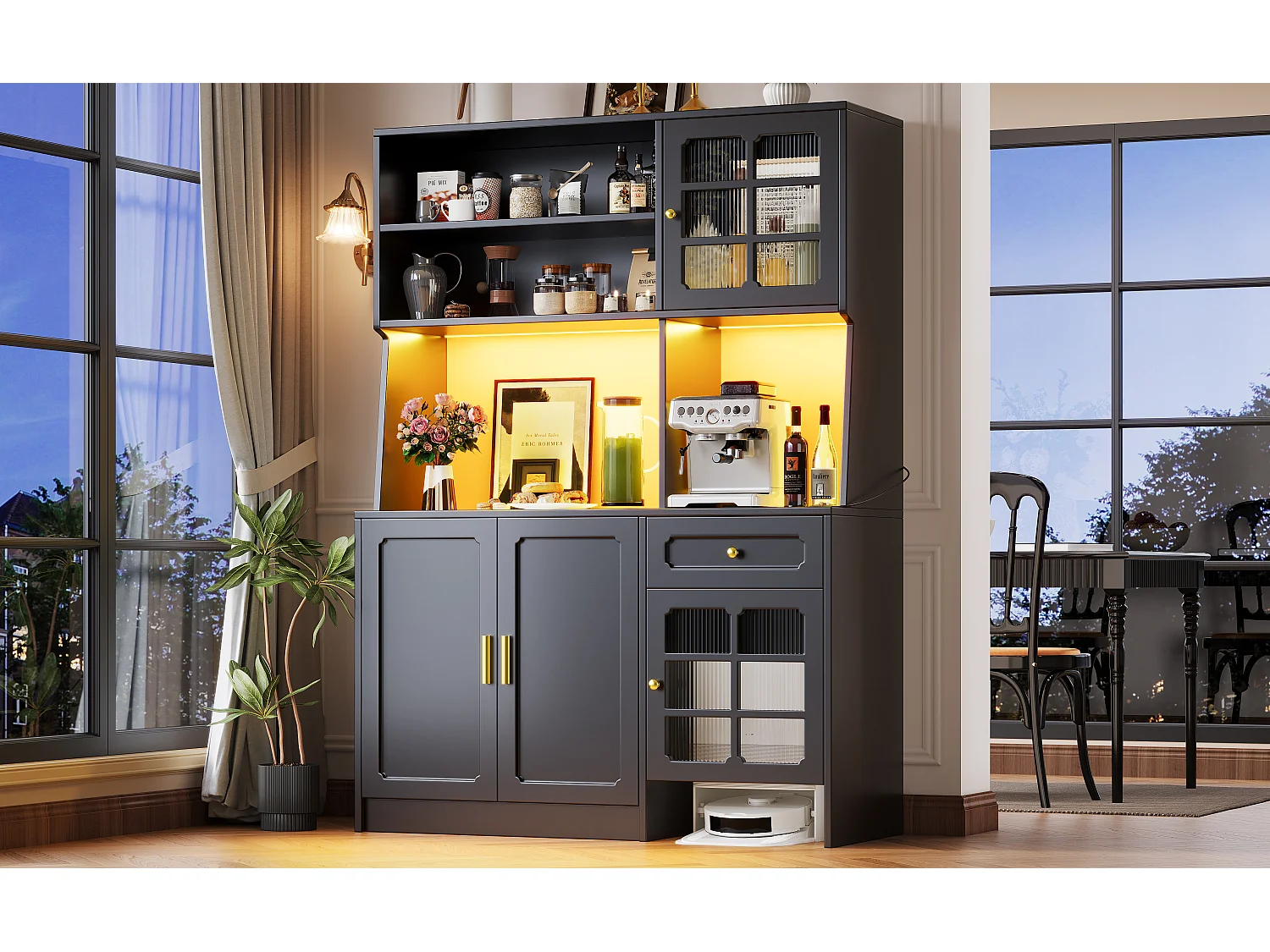 Buffet de cuisine 130 x 45 x 180 cm avec portes, tiroir et éclairage LED, blanc