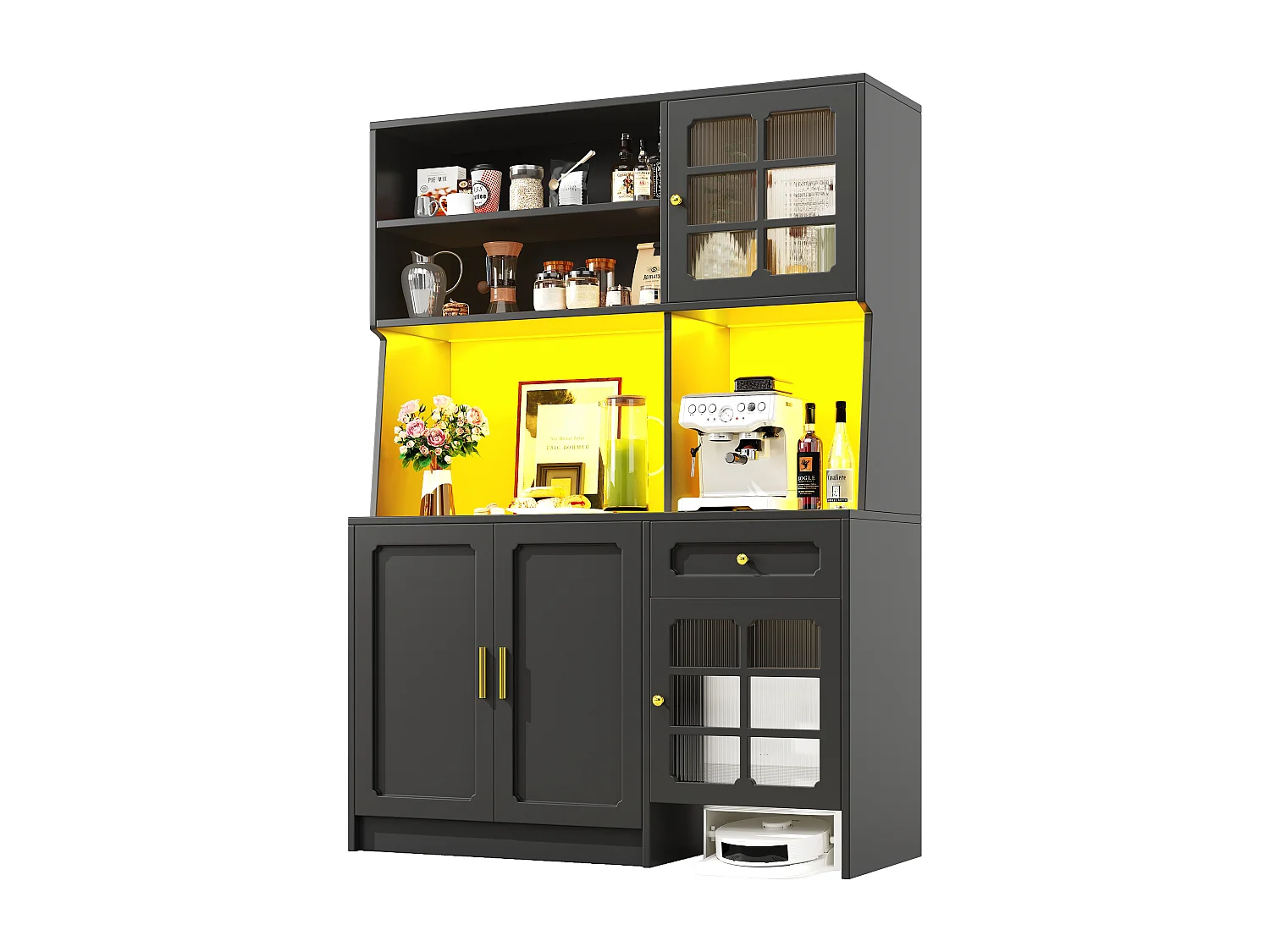 Buffet de cuisine 130 x 45 x 180 cm avec portes, tiroir et éclairage LED, blanc