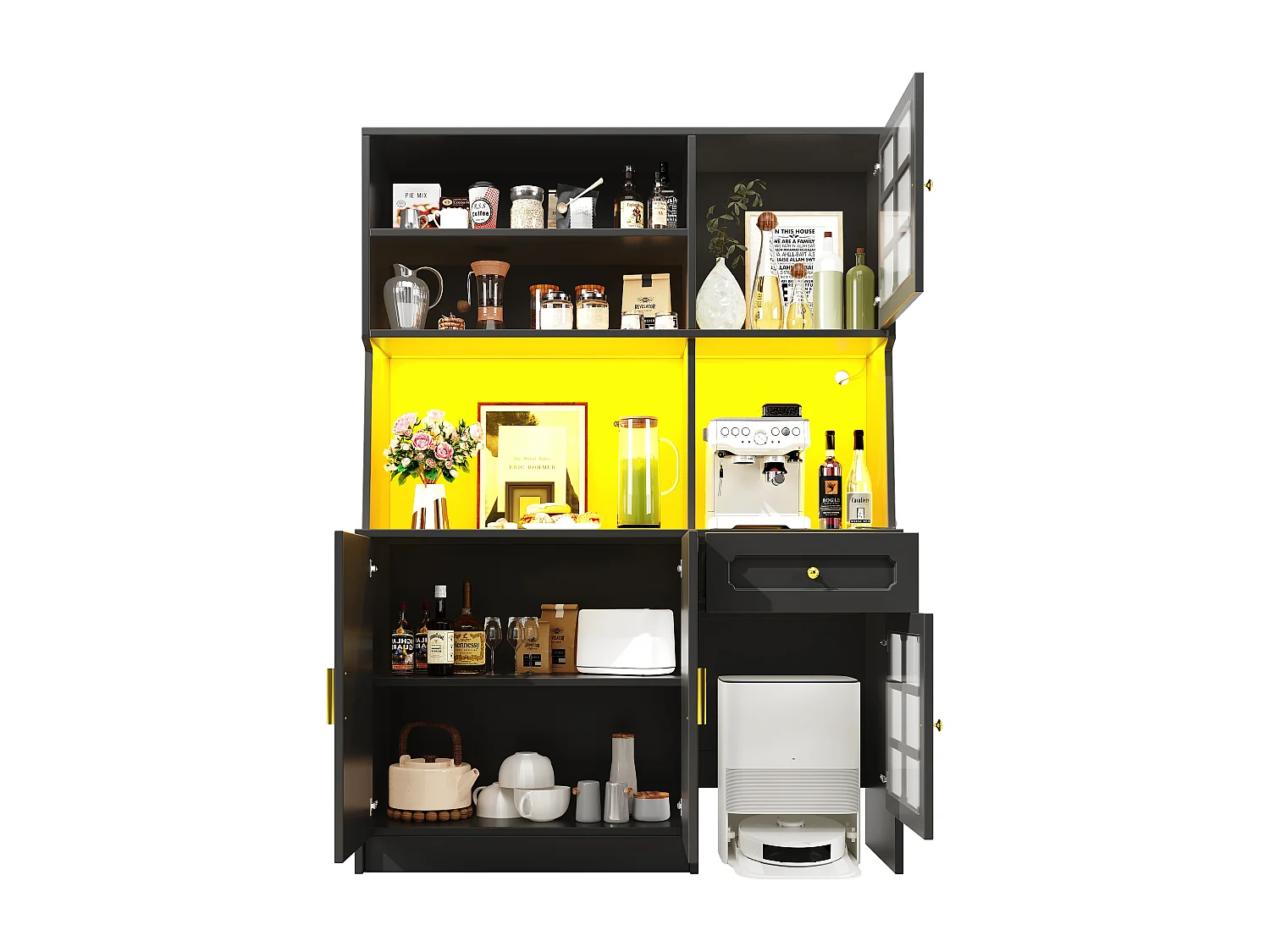 Buffet de cuisine 130 x 45 x 180 cm avec portes, tiroir et éclairage LED, blanc