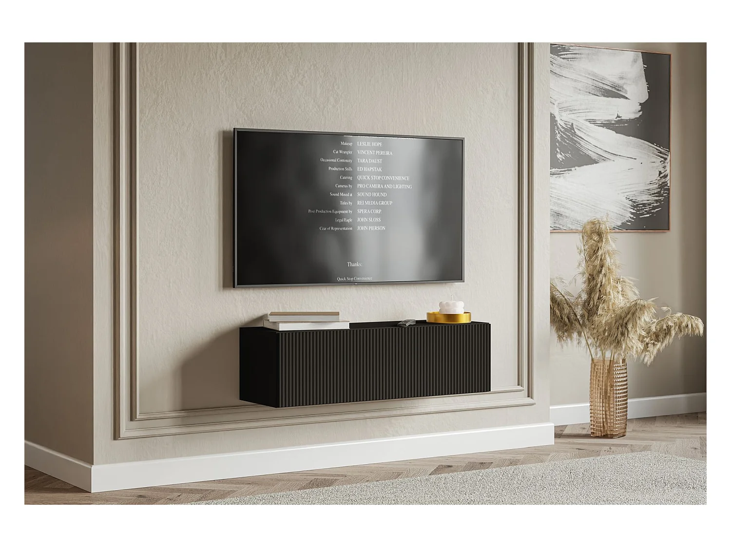 Meuble TV mural avec façades à lamelles rainurées – 1 porte – noir – 100 cm – VELDIO