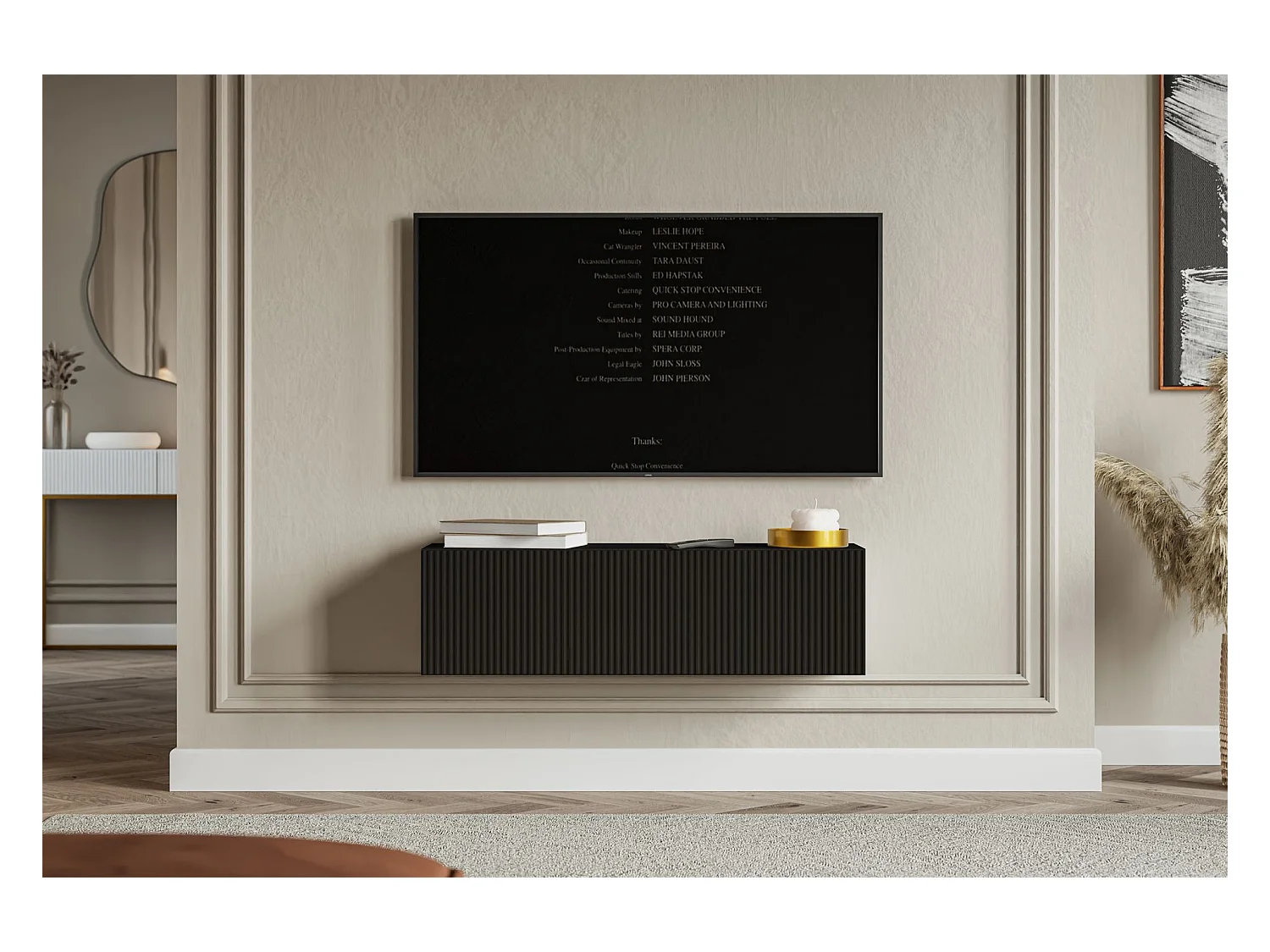 TV-Lowboard hängend – mit geriffelten Fronten – 100 cm – schwarz – VELDIO