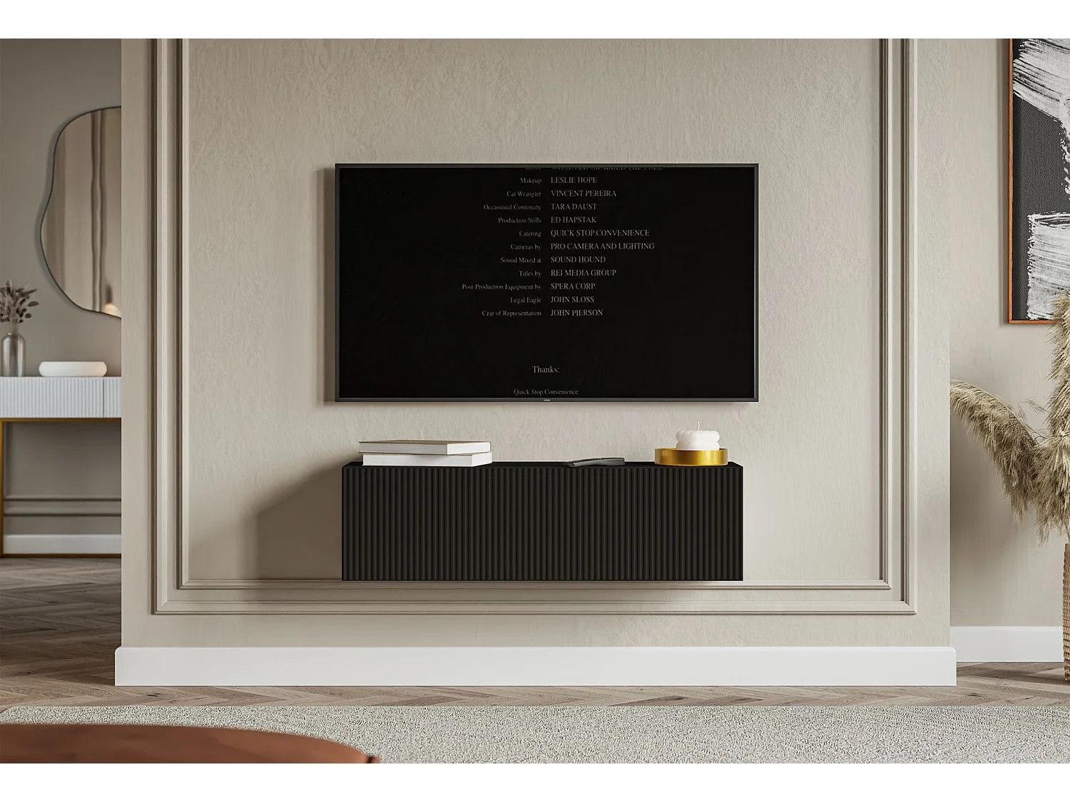 Meuble TV mural avec façades à lamelles rainurées – 1 porte – noir – 100 cm – VELDIO