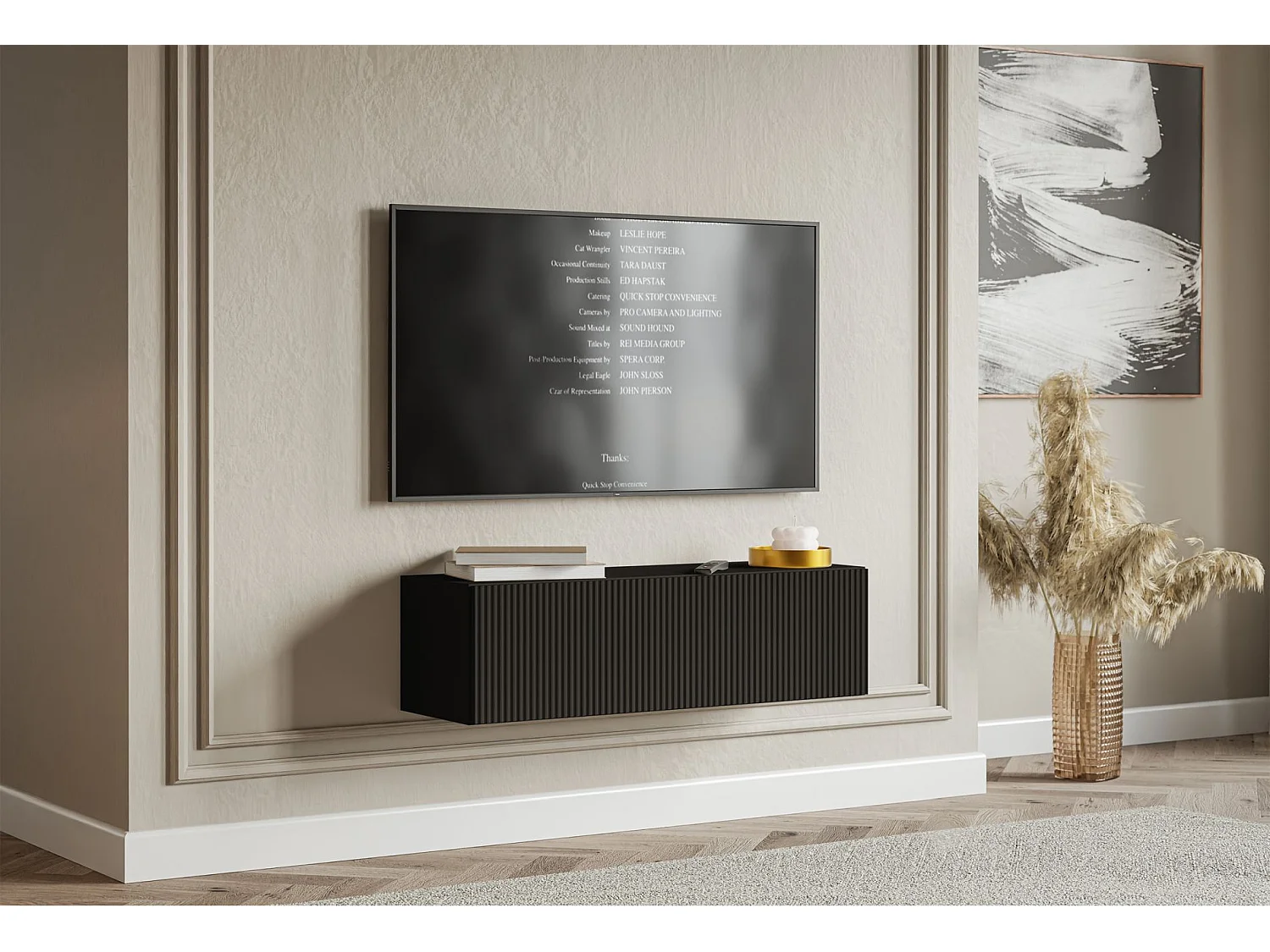 Meuble TV mural avec façades à lamelles rainurées – 1 porte – noir – 100 cm – VELDIO