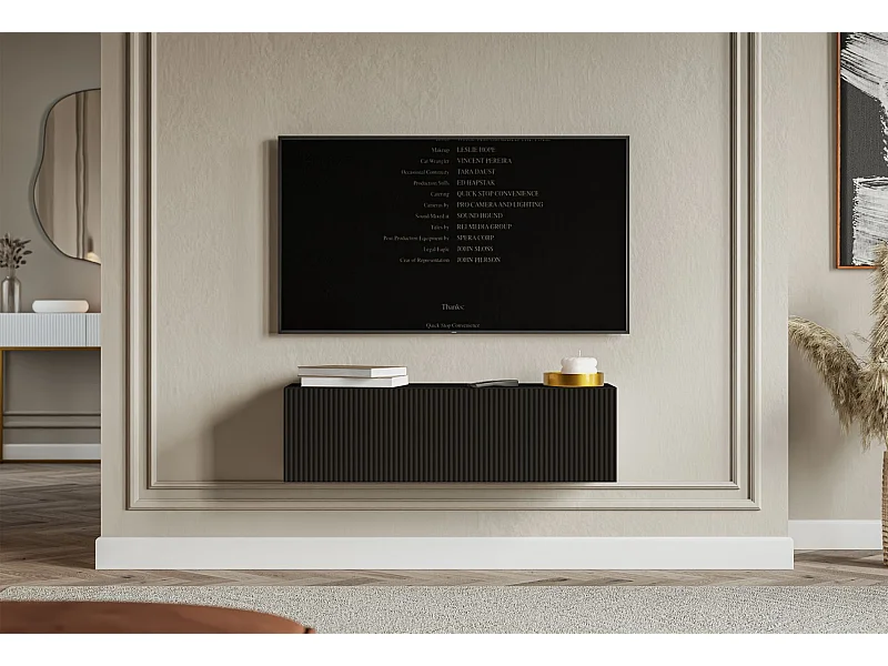 Meuble TV mural avec façades à lamelles rainurées – 1 porte – noir – 100 cm – VELDIO