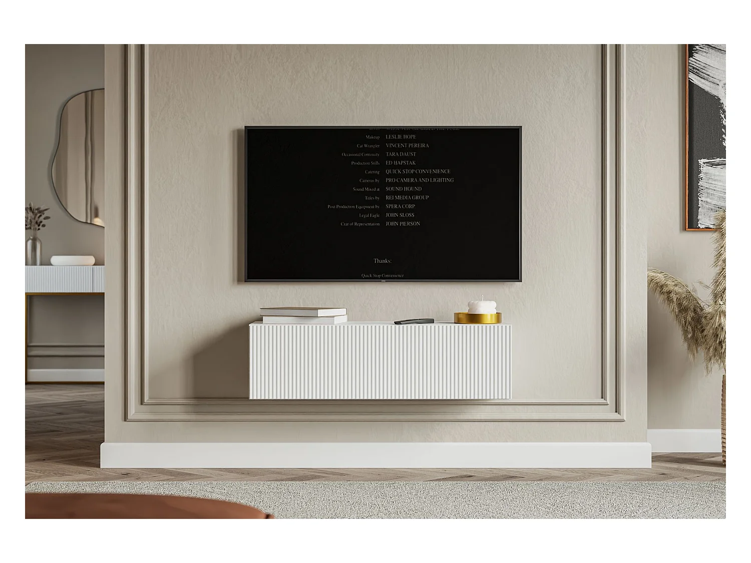 Meuble TV mural avec façades à lamelles rainurées – 1 porte – blanc – 100 cm – VELDIO