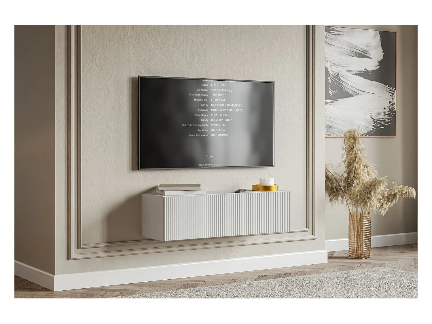 Meuble TV mural avec façades à lamelles rainurées – 1 porte – blanc – 100 cm – VELDIO