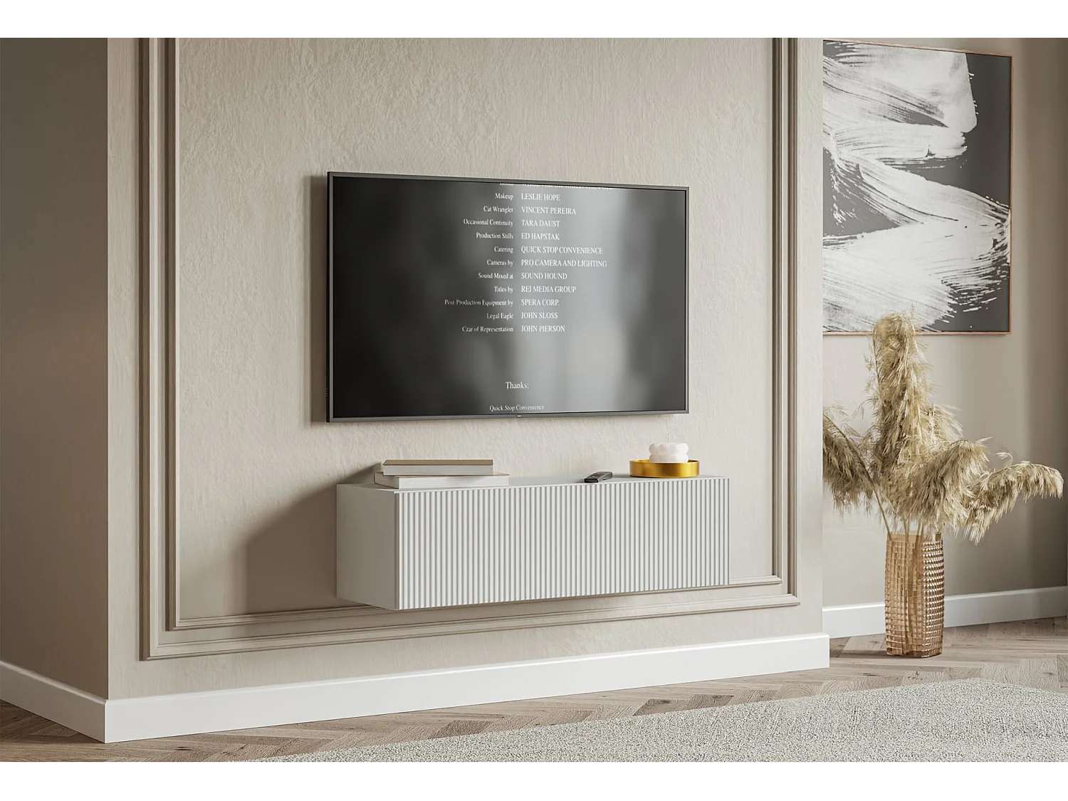 Meuble TV mural avec façades à lamelles rainurées – 1 porte – blanc – 100 cm – VELDIO