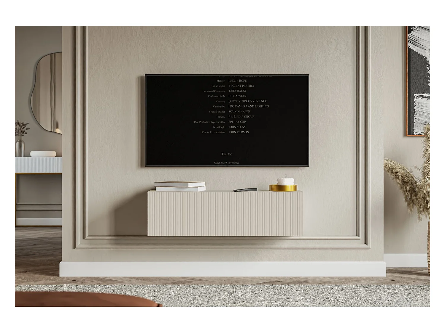 Meuble TV mural avec façades à lamelles rainurées – 1 porte – beige gris – 100 cm – VELDIO