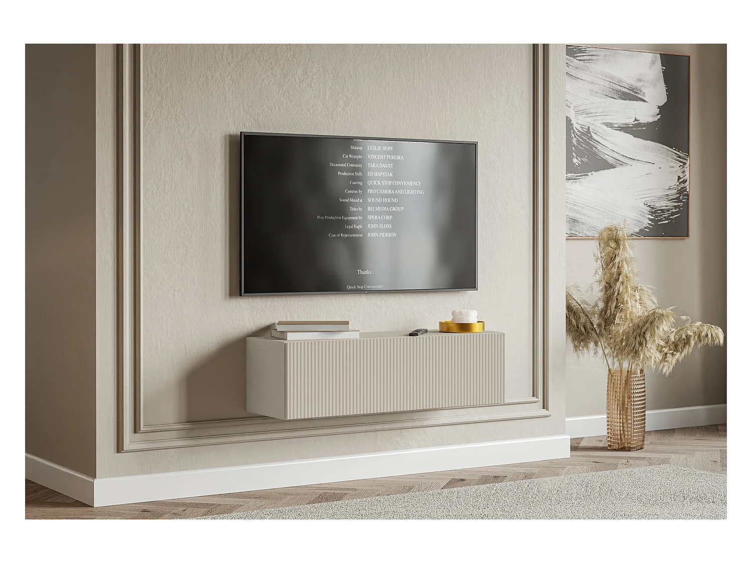Meuble TV mural avec façades à lamelles rainurées – 1 porte – beige gris – 100 cm – VELDIO