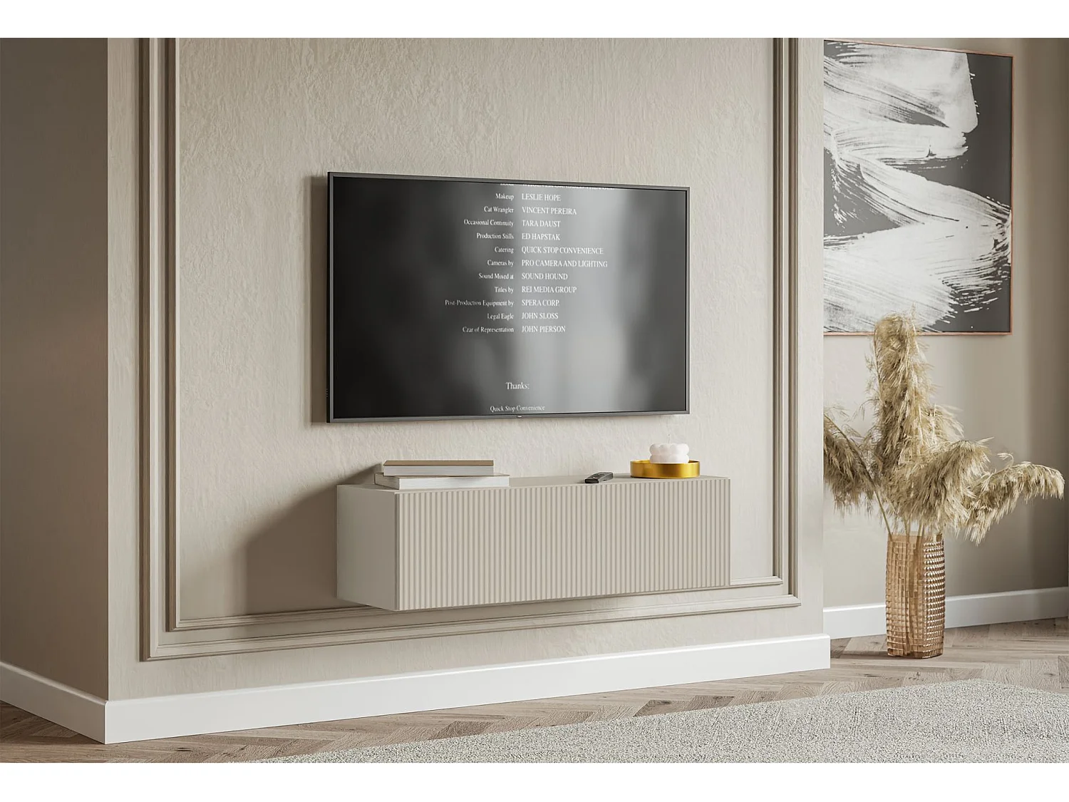 Meuble TV mural avec façades à lamelles rainurées – 1 porte – beige gris – 100 cm – VELDIO