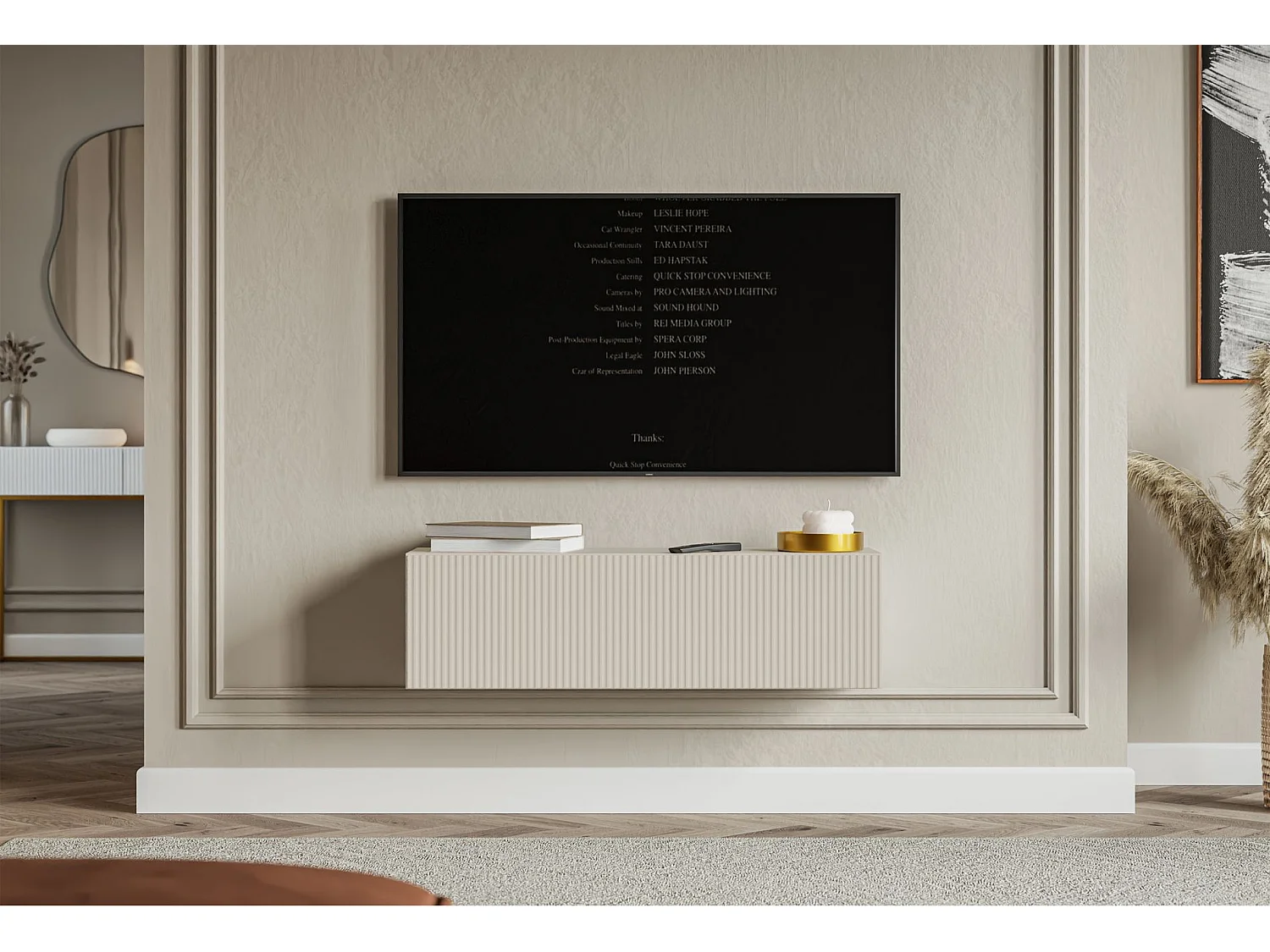 Meuble TV mural avec façades à lamelles rainurées – 1 porte – beige gris – 100 cm – VELDIO
