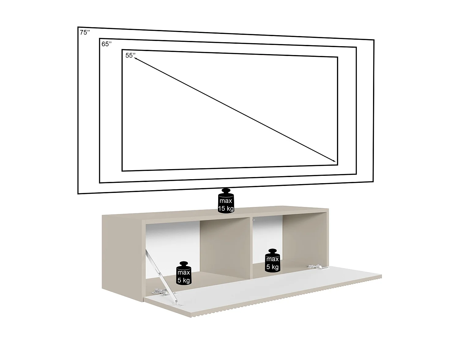 Meuble TV mural avec façades à lamelles rainurées – 1 porte – beige gris – 100 cm – VELDIO