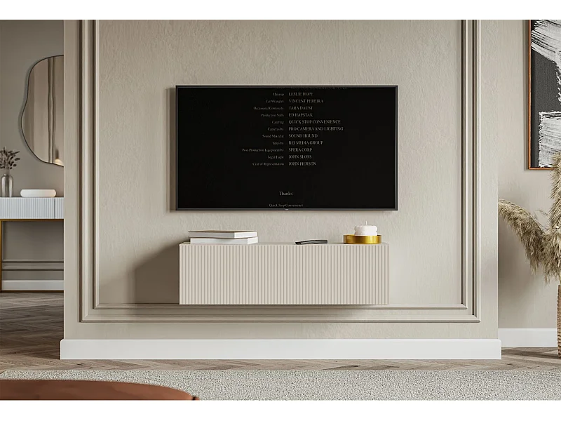 Meuble TV mural avec façades à lamelles rainurées – 1 porte – beige gris – 100 cm – VELDIO