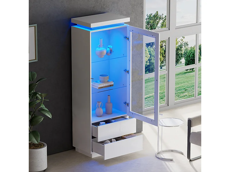 Vitrine avec porte, 2 tiroirs et éclairage LED, étagères en verre, blanc, panneaux de particules