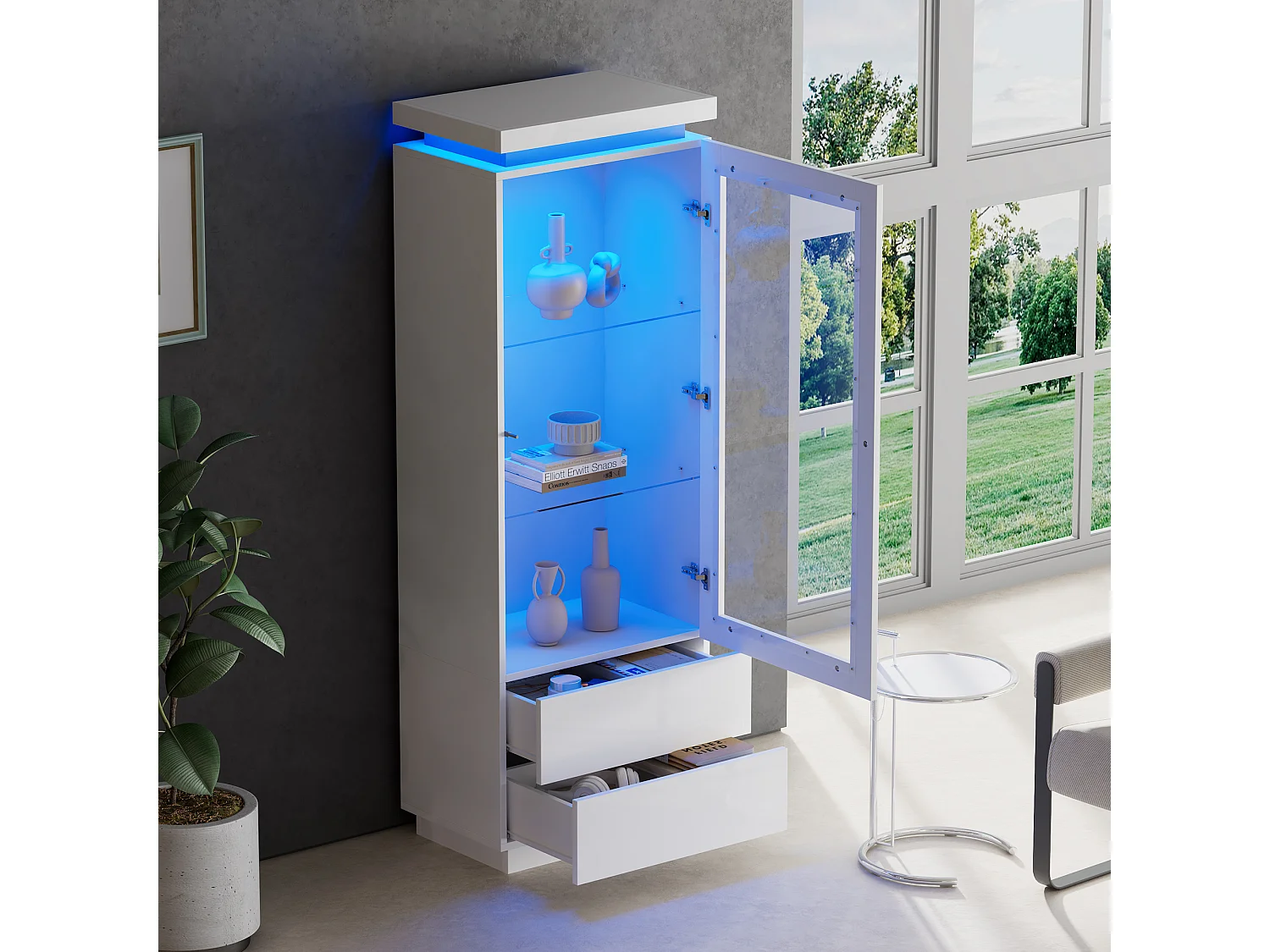 Vitrine avec porte, 2 tiroirs et éclairage LED, étagères en verre, blanc, panneaux de particules