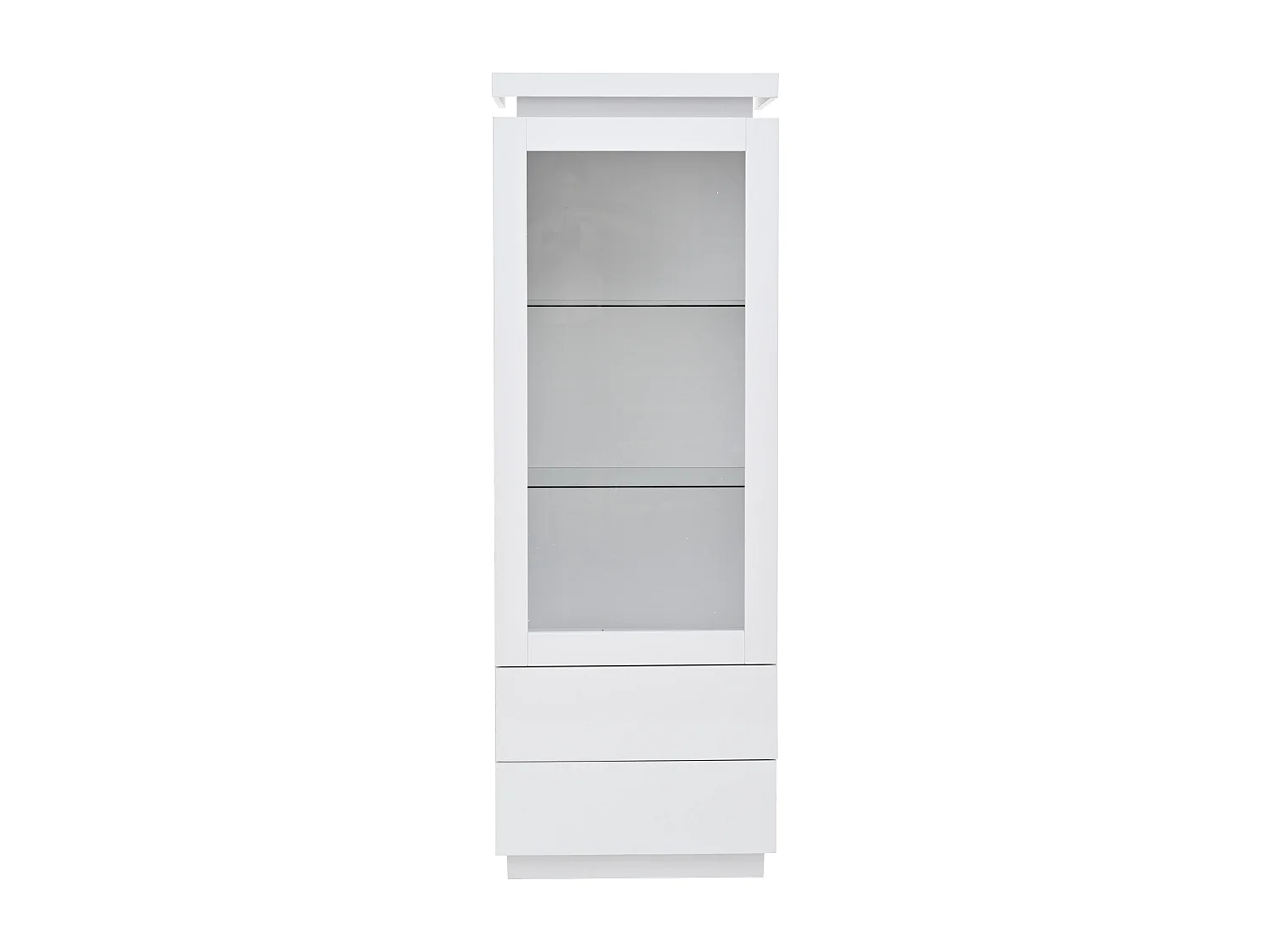 Vitrine avec porte, 2 tiroirs et éclairage LED, étagères en verre, blanc, panneaux de particules