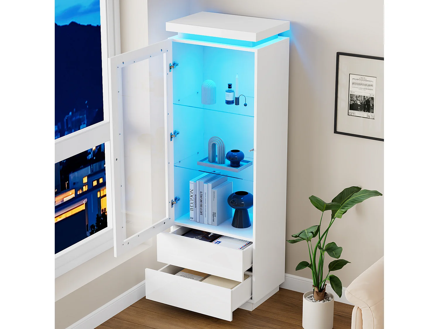 Vitrine avec porte, 2 tiroirs et éclairage LED, étagères en verre, blanc, panneaux de particules