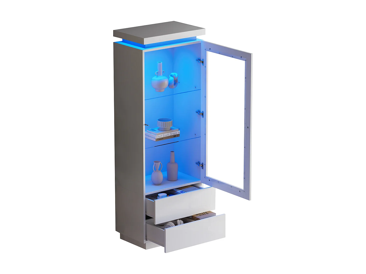 Vitrine avec porte, 2 tiroirs et éclairage LED, étagères en verre, blanc, panneaux de particules
