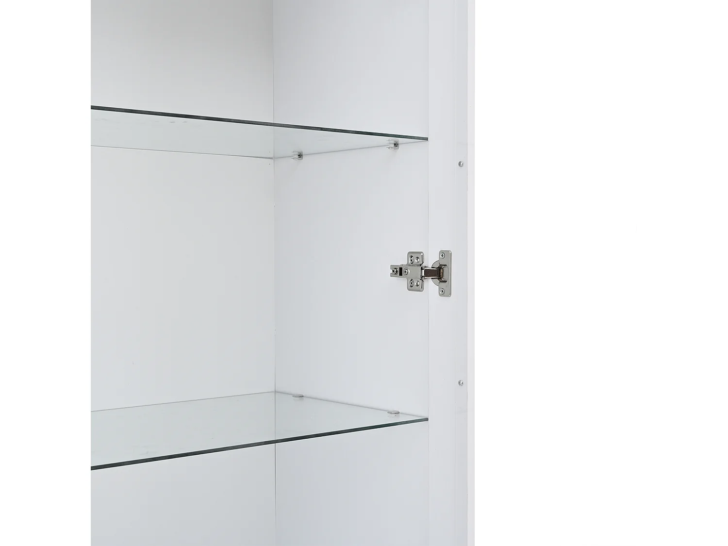 Vitrine avec porte, 2 tiroirs et éclairage LED, étagères en verre, blanc, panneaux de particules