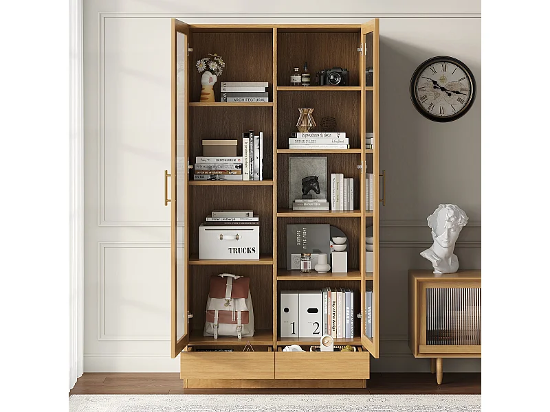 Vitrinekast in natuurlijke kleur met 2 glazen deuren en 2 lades, metalen handgrepen 80x40x160cm