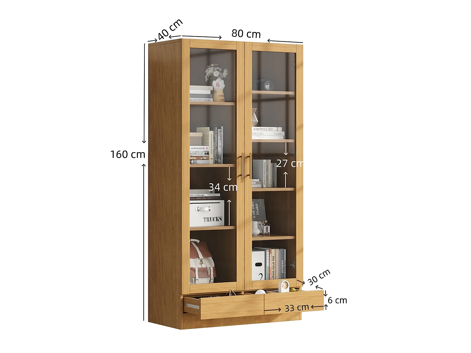 Vitrine avec 2 portes vitrées et 2 tiroirs - Armoire haute couleur bois 80×40×160 cm