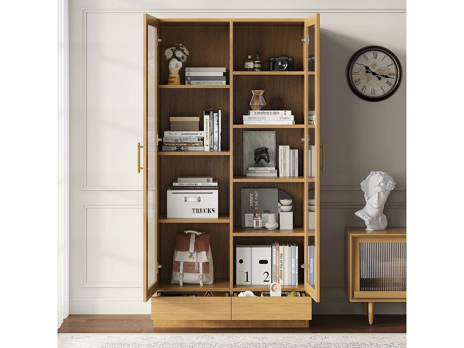 Vitrine avec 2 portes vitrées et 2 tiroirs - Armoire haute couleur bois 80×40×160 cm