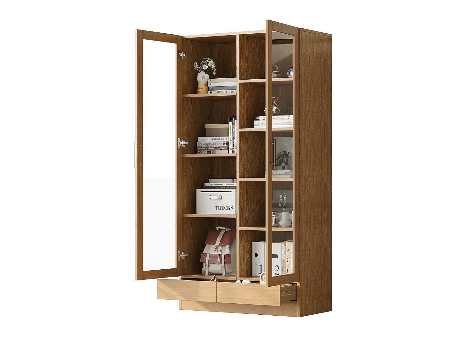 Vitrine avec 2 portes vitrées et 2 tiroirs - Armoire haute couleur bois 80×40×160 cm