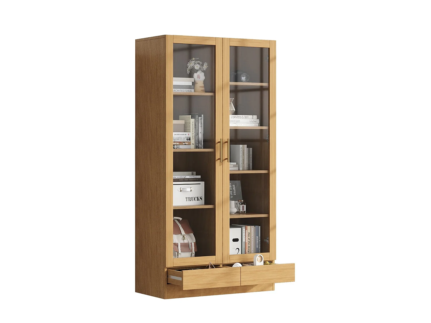 Vitrine avec 2 portes vitrées et 2 tiroirs - Armoire haute couleur bois 80×40×160 cm