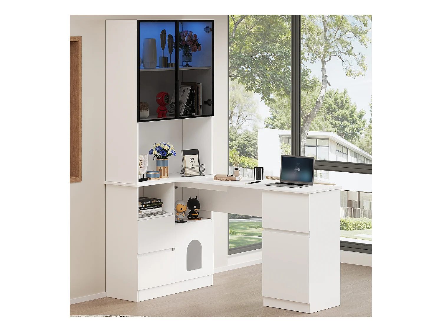 Witte vitrinekast met bureau, 3 lades, 4 deuren en ledverlichting, dierenvakontwerp