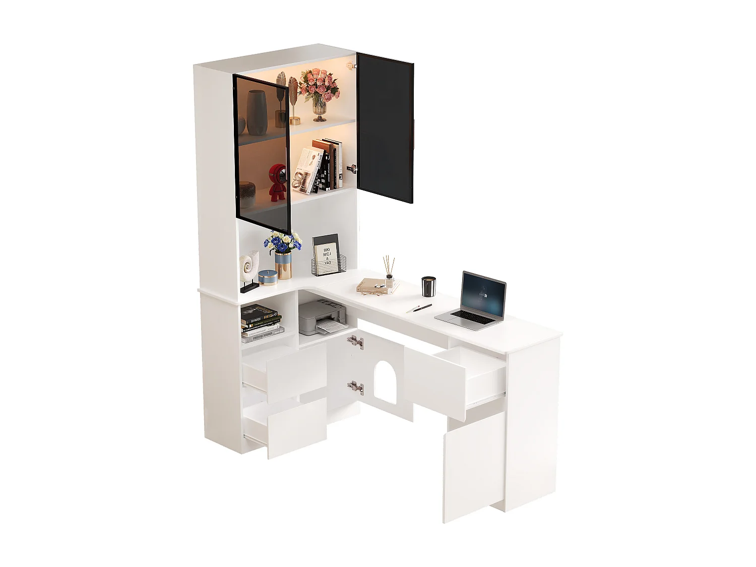Vitrine blanche avec bureau, 3 tiroirs, 4 portes et lumières LED, design compartiment pour animaux
