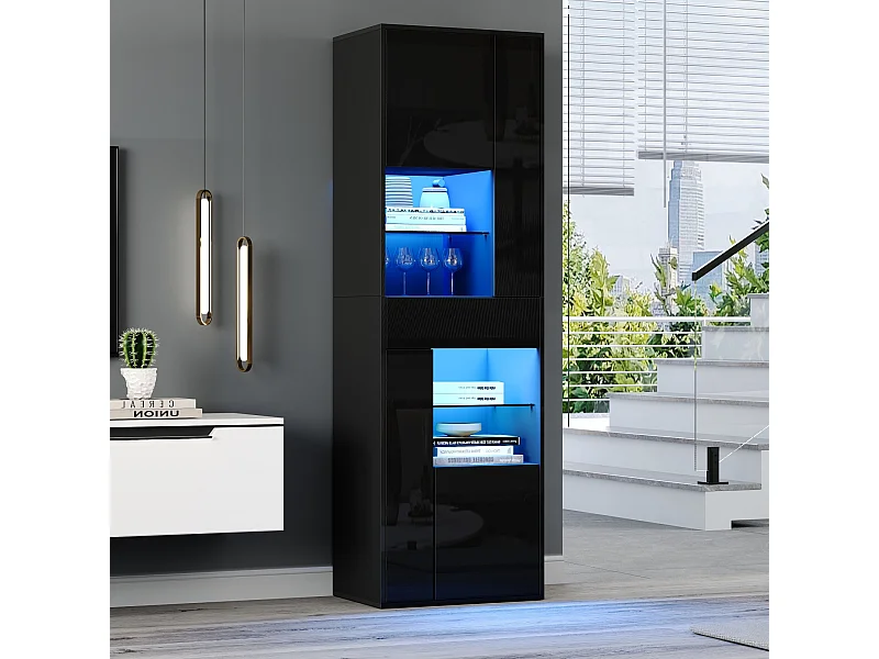 Vitrine noir avec 1 tiroir, 4 portes et éclairage LED, étagères en verre, 55x38x170 cm