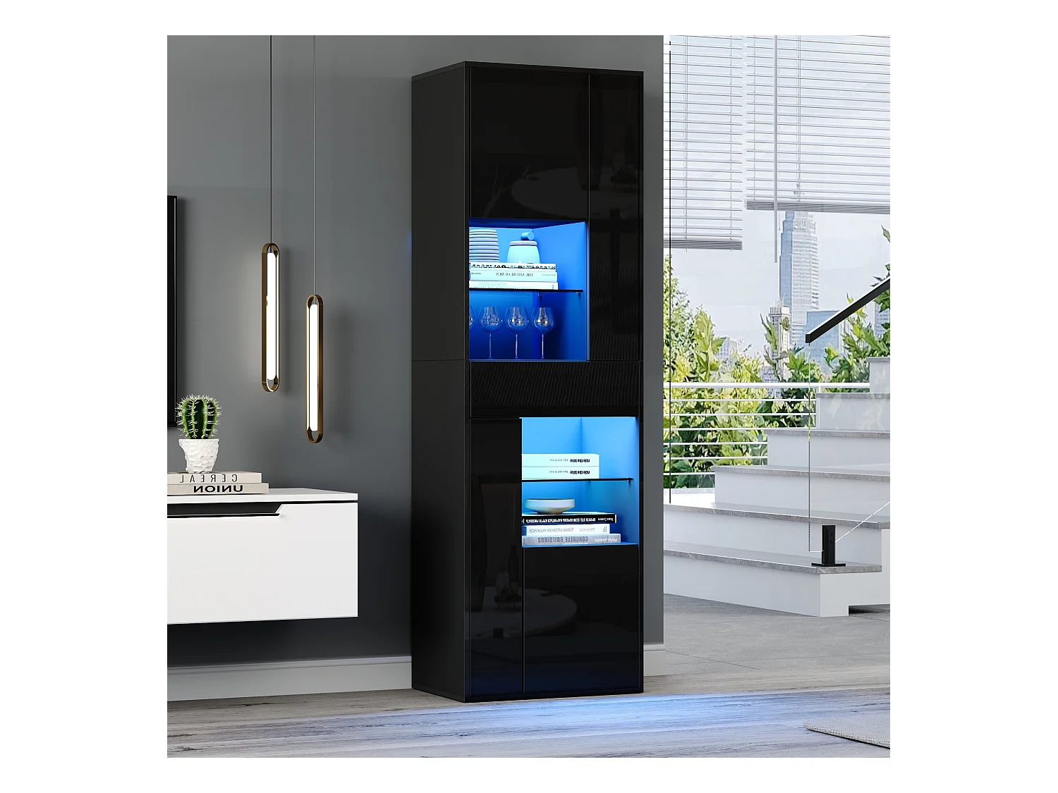 Vetrina nera con 1 cassetto, 4 ante e illuminazione a LED, ripiani in vetro, 55x38x170 cm