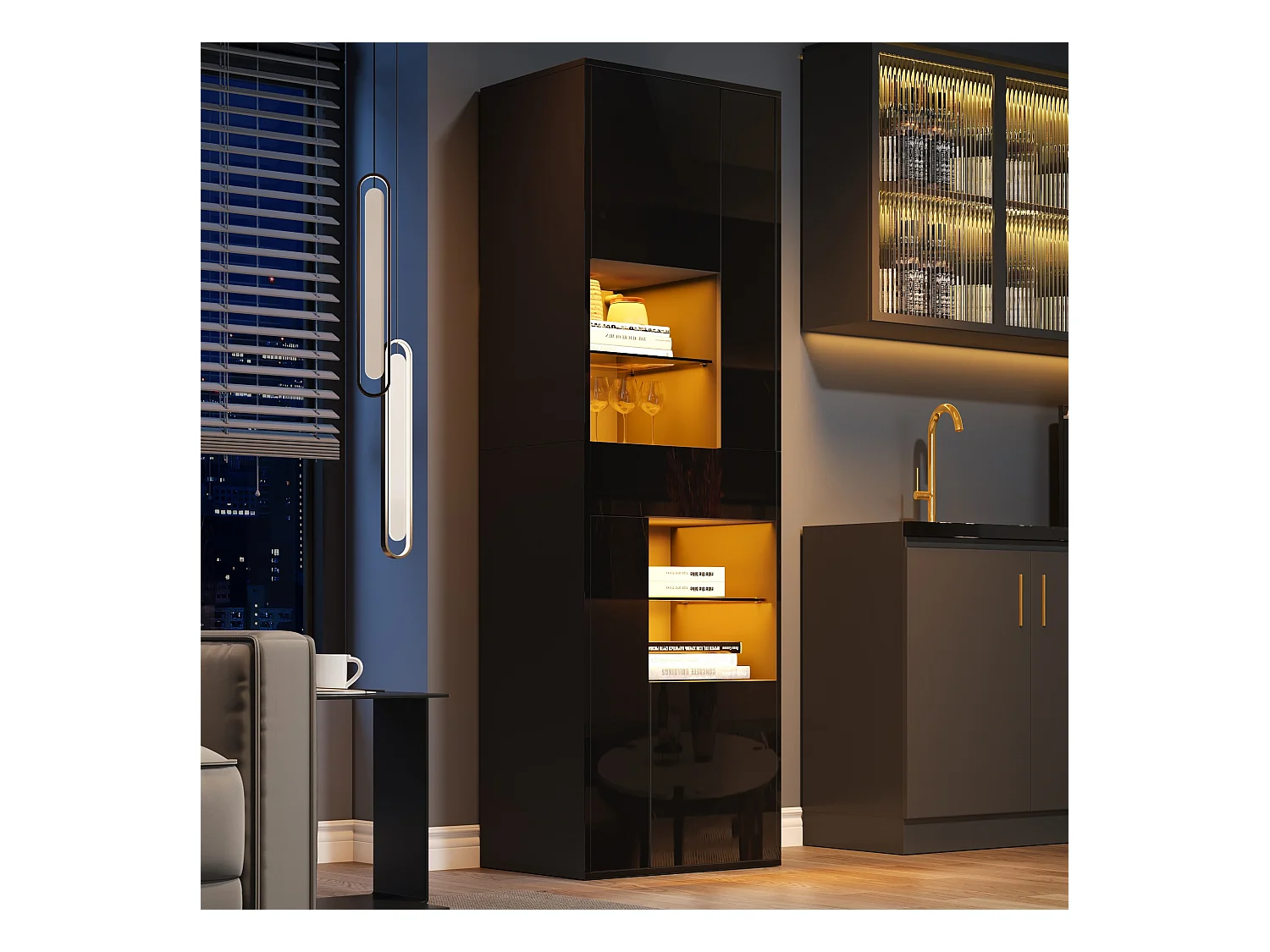 Vetrina nera con 1 cassetto, 4 ante e illuminazione a LED, ripiani in vetro, 55x38x170 cm