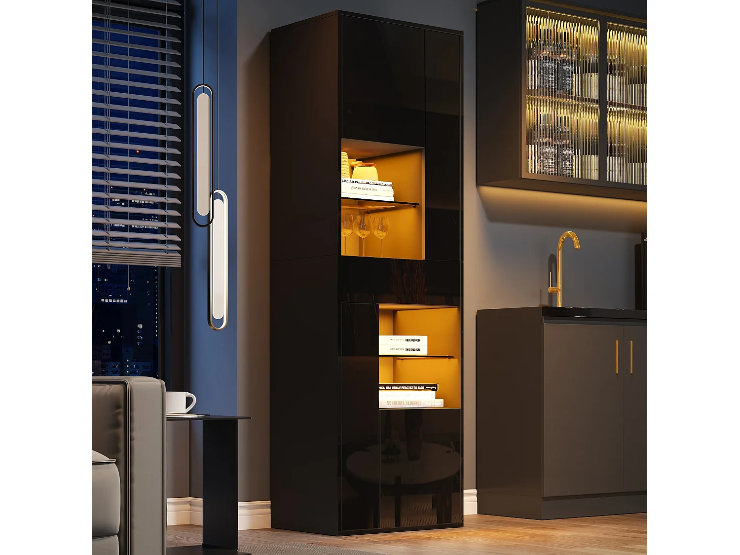 Vitrine noir avec 1 tiroir, 4 portes et éclairage LED, étagères en verre, 55x38x170 cm