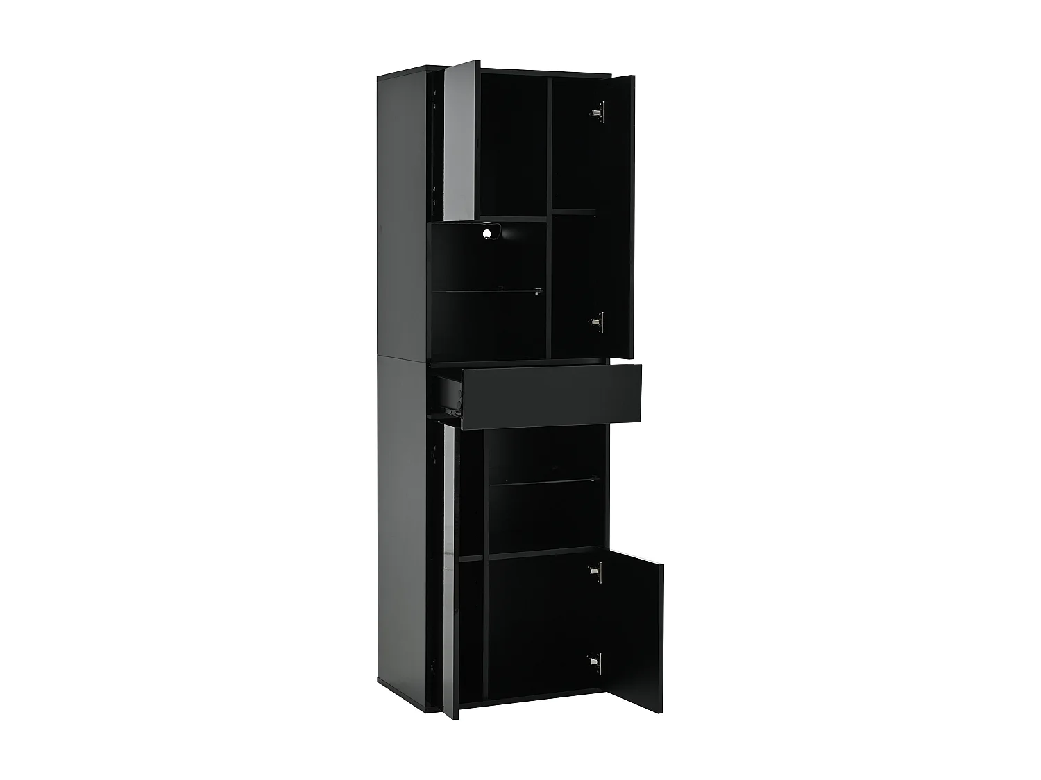 Vitrine noir avec 1 tiroir, 4 portes et éclairage LED, étagères en verre, 55x38x170 cm