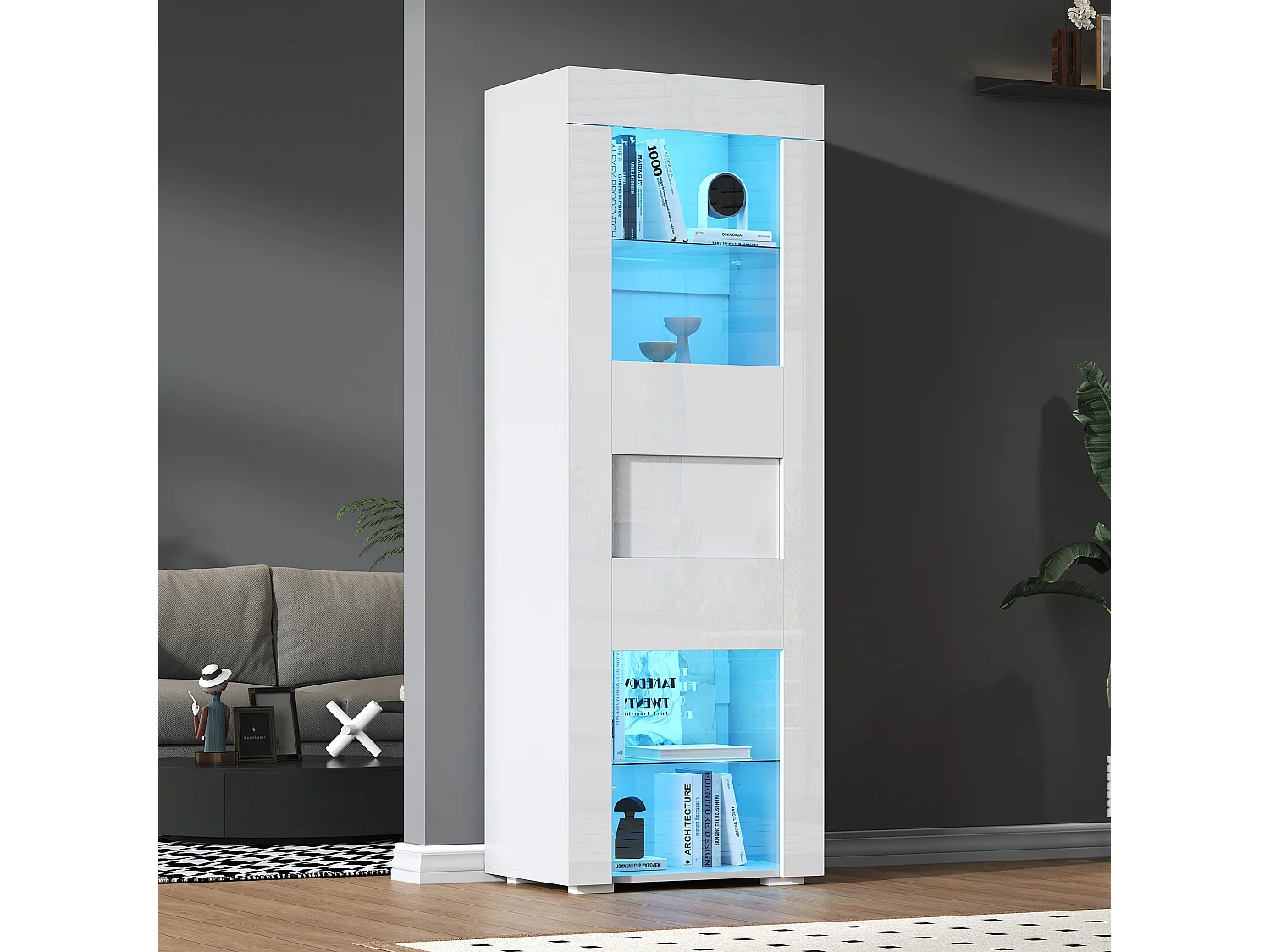 Vitrine blanche avec porte, 2 étagères vitrées et éclairage LED, rangement multicouche