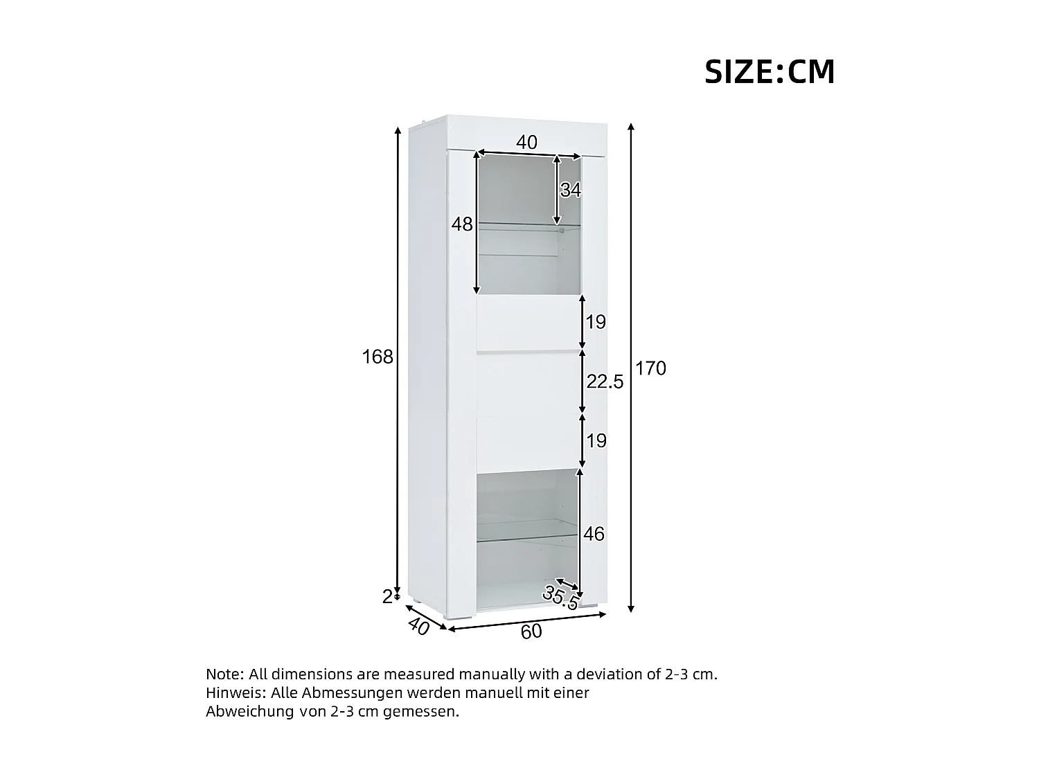 Vitrine blanche avec porte, 2 étagères vitrées et éclairage LED, rangement multicouche