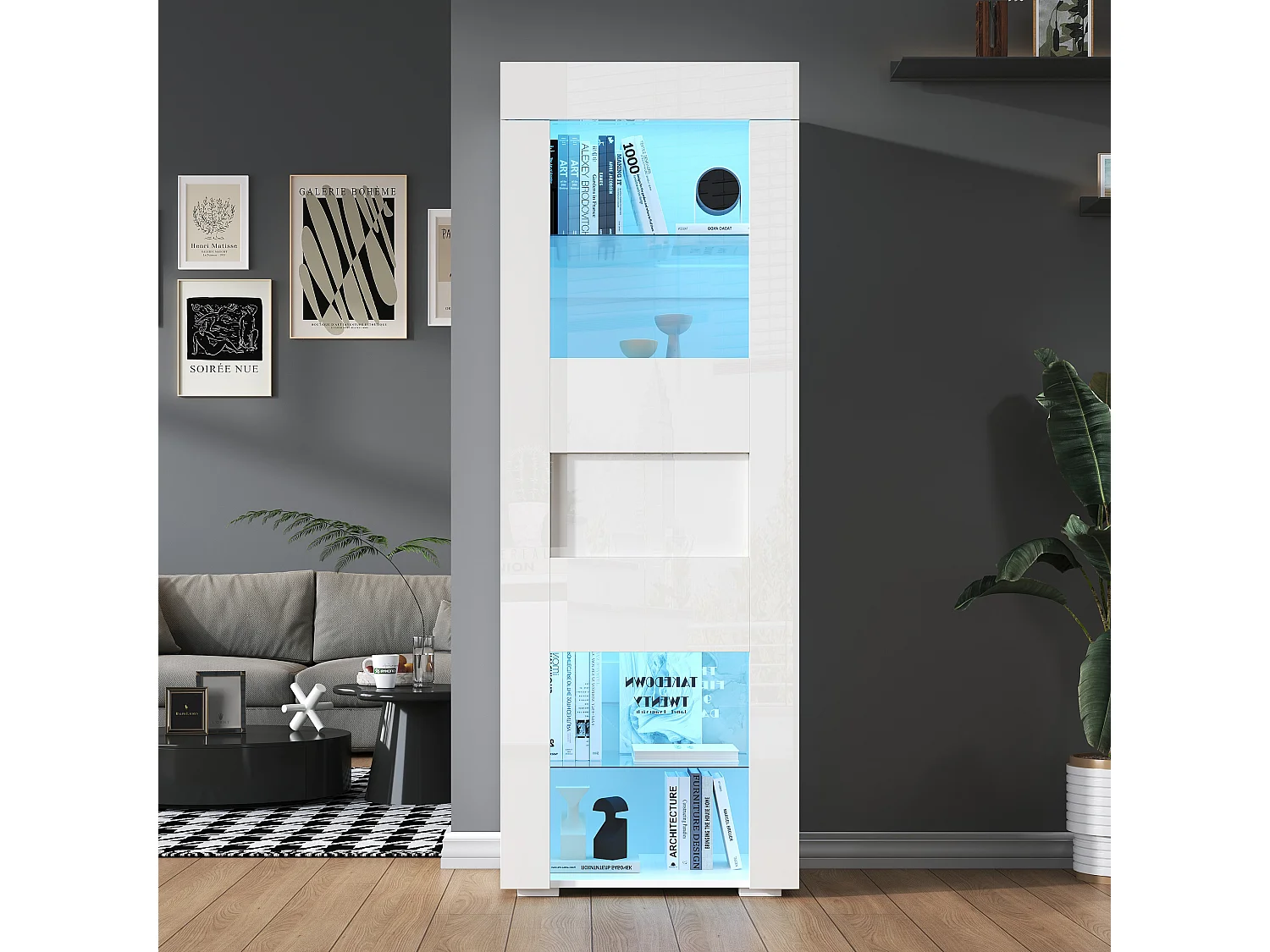 Vitrine blanche avec porte, 2 étagères vitrées et éclairage LED, rangement multicouche