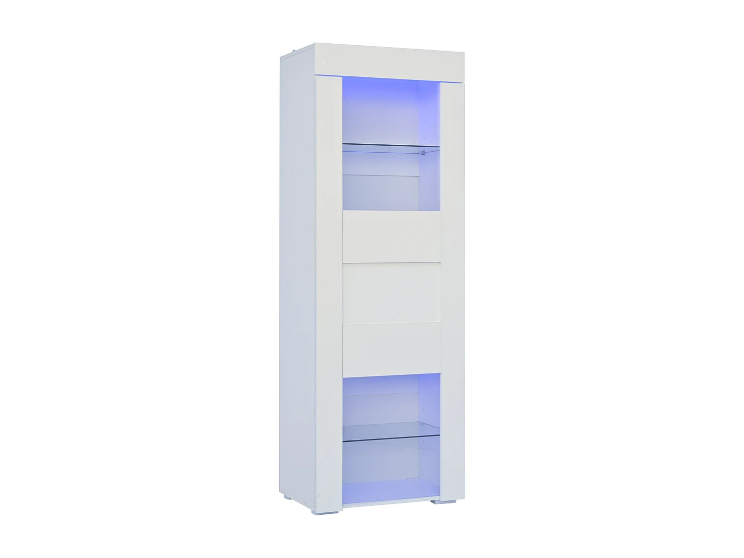 Vitrine blanche avec porte, 2 étagères vitrées et éclairage LED, rangement multicouche
