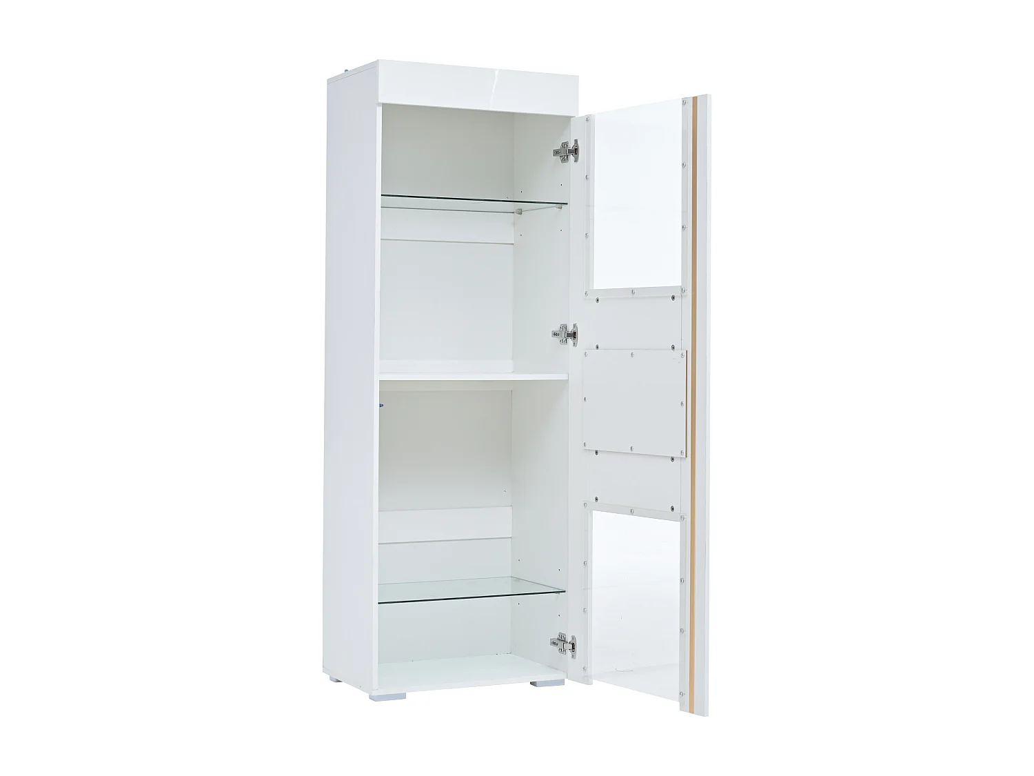 Vitrine blanche avec porte, 2 étagères vitrées et éclairage LED, rangement multicouche