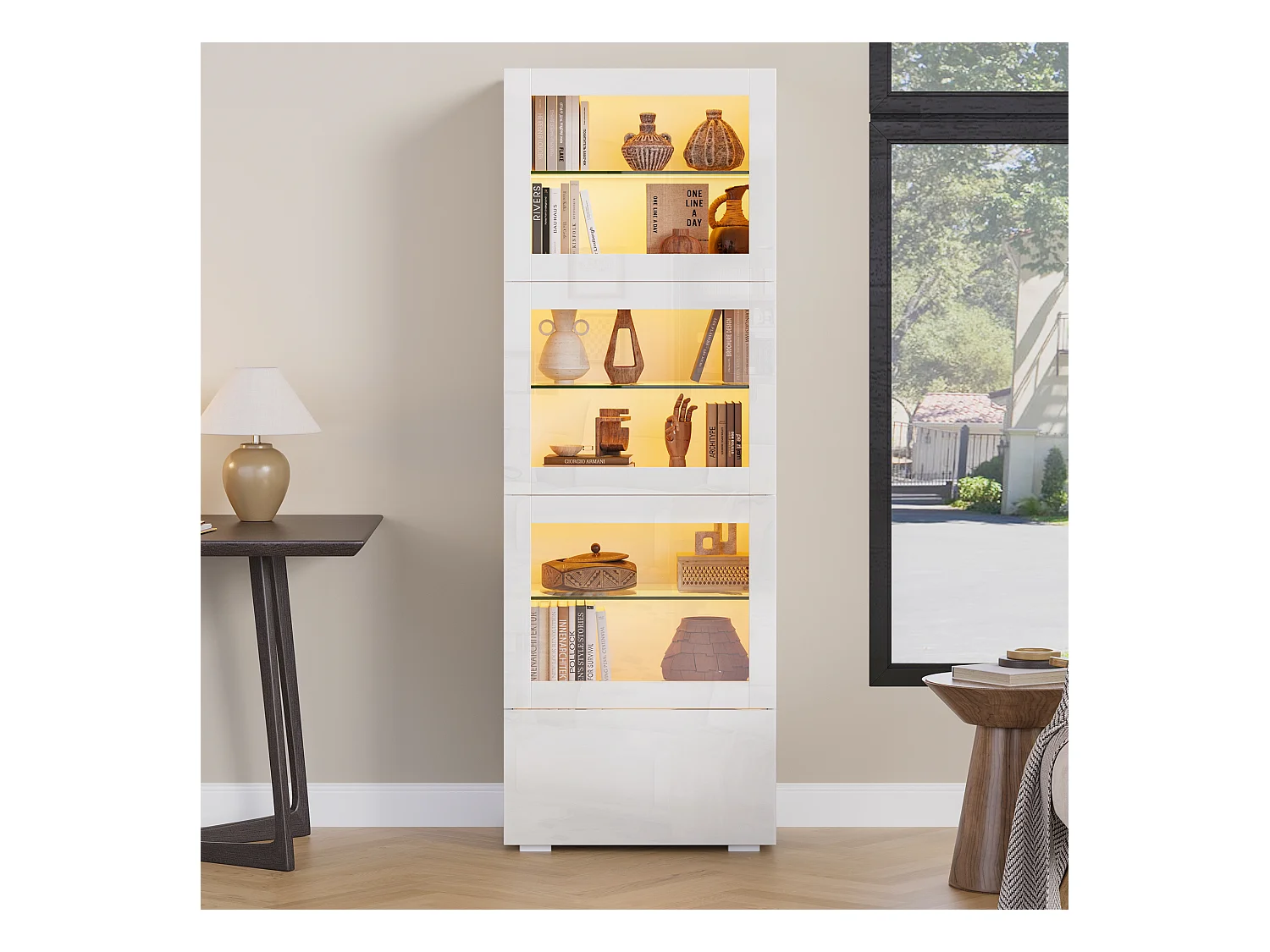 Witte vitrinekast met 3 acryldeuren, 1 lade en LED-verlichting, glazen plank