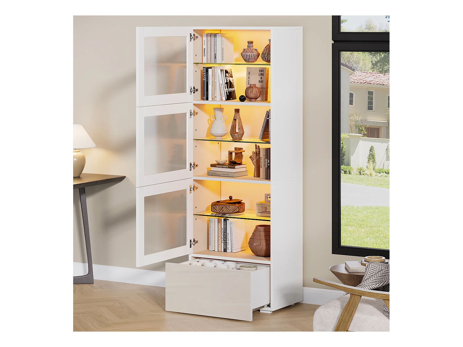 Witte vitrinekast met 3 acryldeuren, 1 lade en LED-verlichting, glazen plank